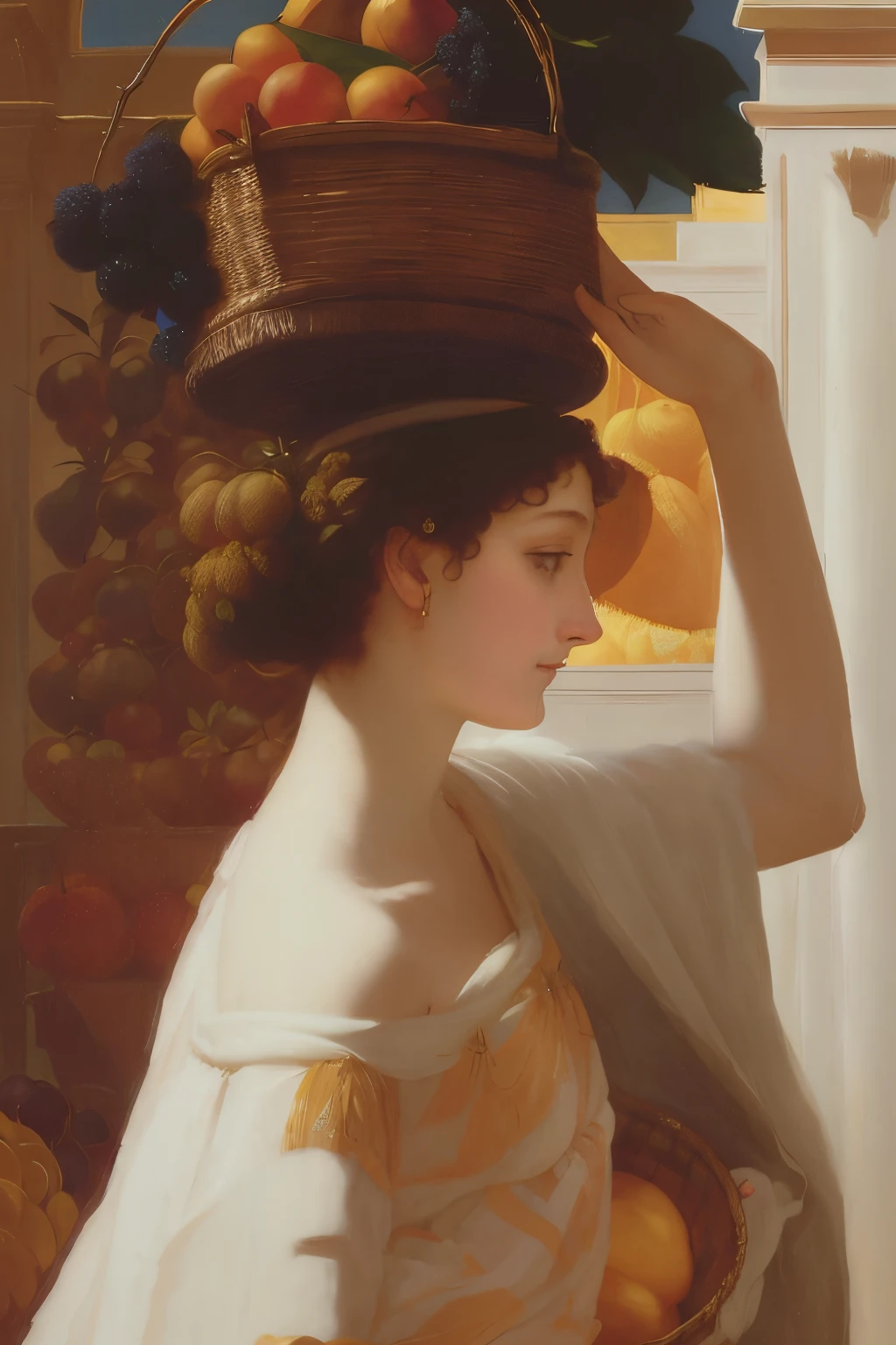 Arafad woman with basket of fruits on head, author:Lord Frederick Leighton, author:frederic layton, Inspired by Lord Frederick Leighton, Raymond Layton, Inspired by Frederic Leighton, Inspired by Walter Layton Clark, frank dixie, author:Walter Leighton Clark, Persephone, AlexandreCabanel, Inspired by Jules Joseph Lefebvre,classicism style