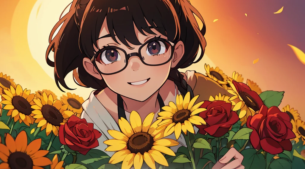 Beautiful girl with glasses, Cabello largo y negro, ramo de girasol y rosas rojas, colores brillantes, sonriente, Calidad 8K, cinematic focus, ojos cerrados