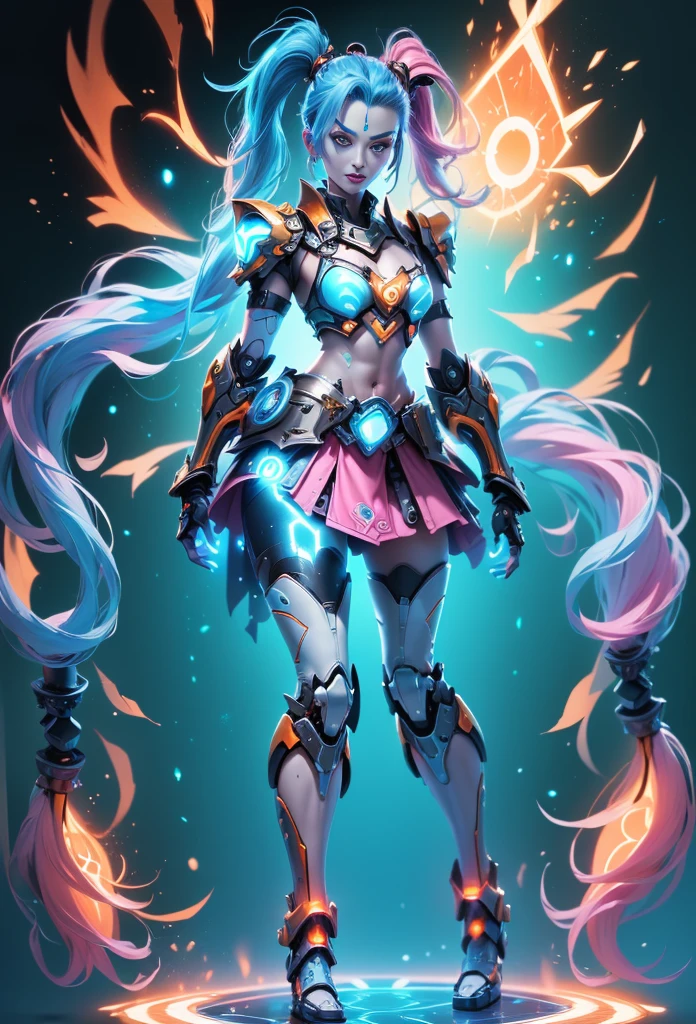 Jinx1024, Game character design，3D character rendering，(((Vector illustration style)))，League of Legends Jinx，((1girl，(Blue double ponytail: 1.5)，Blue braids，Red eyes，big laughter，future warrior，(Pink mechanical skirt: 1.3)，(A luminous magazine is tied around the waist: 1.2)，Decorated with luminous lines and rivets，With streamer effect or LED light embellishment，Hand holding laser cannon、Ion cannon or pulse cannon))，((hair design：Brilliant deep blue，Add some glowing elements，Futuristic headgear such as orange photoelectric glasses or head-mounted display))，((Expression design：Add some glowing lines or orange LED light effects to the facial decoration，Design different facial expressions，Highlight the image of future warriors))，(action design：On the move、When releasing a skill or attacking，Add some special effects and animations，Highlight the sense of future and combat)，((Special effects design：Add cool orange light effects、Electromagnetic wave effect or virtual interface，Enhance the visual impact of skin)), (((standing on your feet，Metal heels: 1.8, Glowing lines or orange LED light effect))), (full body shot of: 1.5)，jinx (league of legends)，((starryskybackground，simplebackground)), MECHA-WINGS, art by mooncryptowow, (pov, first-person view, Ghibli-like colours, Luminism, cinematic lighting, UHD, masterpiece, ccurate, anatomically correct, textured skin, super detail, high details, high quality, award winning, best quality, 16k)