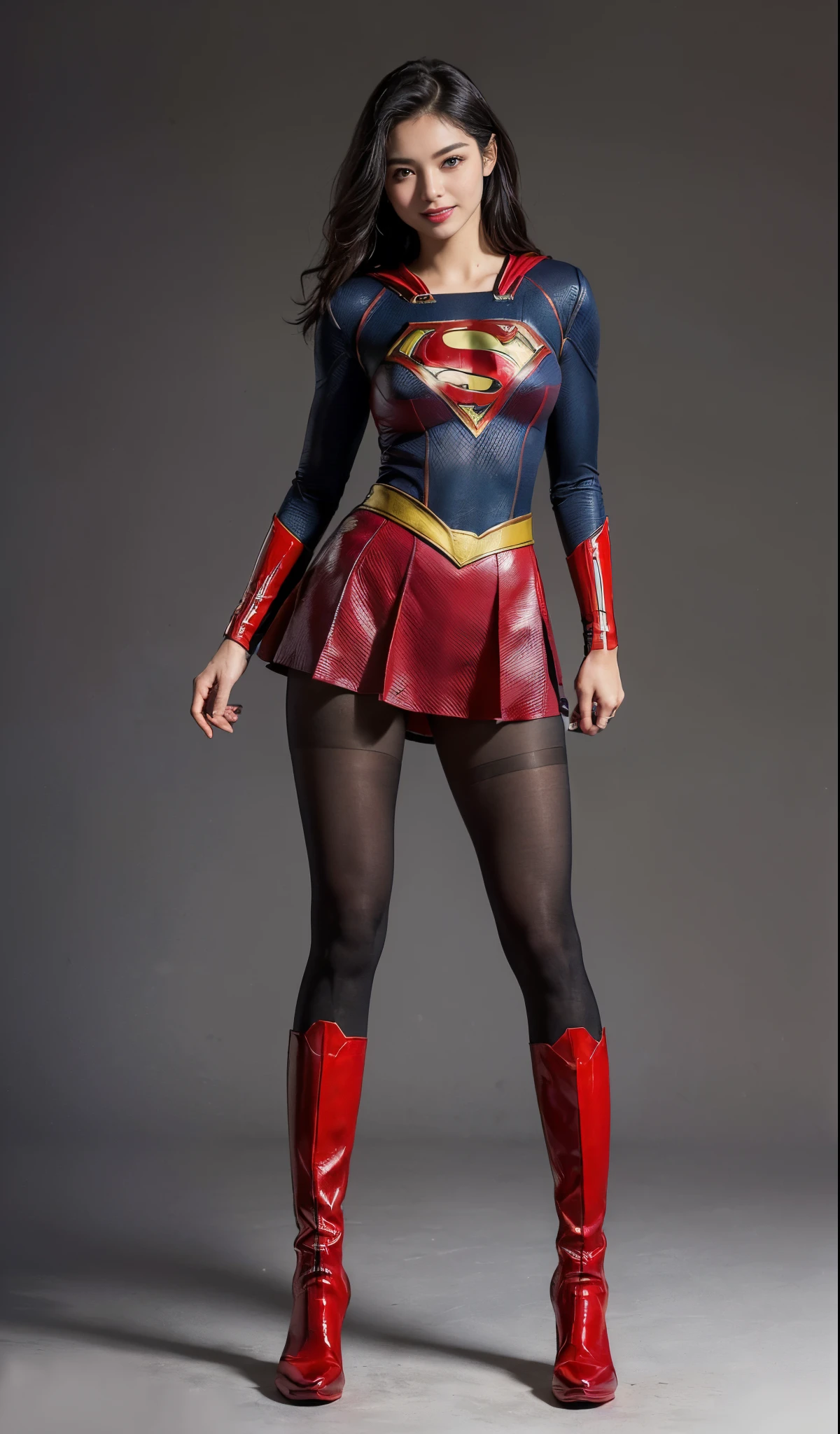 Suffering、mouth is always open sloppily、Drool is always dripping from my mouth、Asian Beautiful Girl、(((Wear black tights on your beautiful legs.)))、(((beauty legs)))、(((facial expression of smile)))、((((Make the most of the original image)))、(((Supergirl Costume)))、(((a short bob、beautiful hairl)))、(((Suffering)))、(((Feet must necessarily be worn with black tights)))、(((You need to wear red boots)))、((Top image quality、8K))、((top-quality、8K、​masterpiece:1.3))、(((Keep your background simple)))、Crisp focus:1.2、Beautiful woman with perfect body shape:1.4、Slender Abs:1.2、a wet body:1.5、Highly detailed facial and skin texture、8K、beauty legs