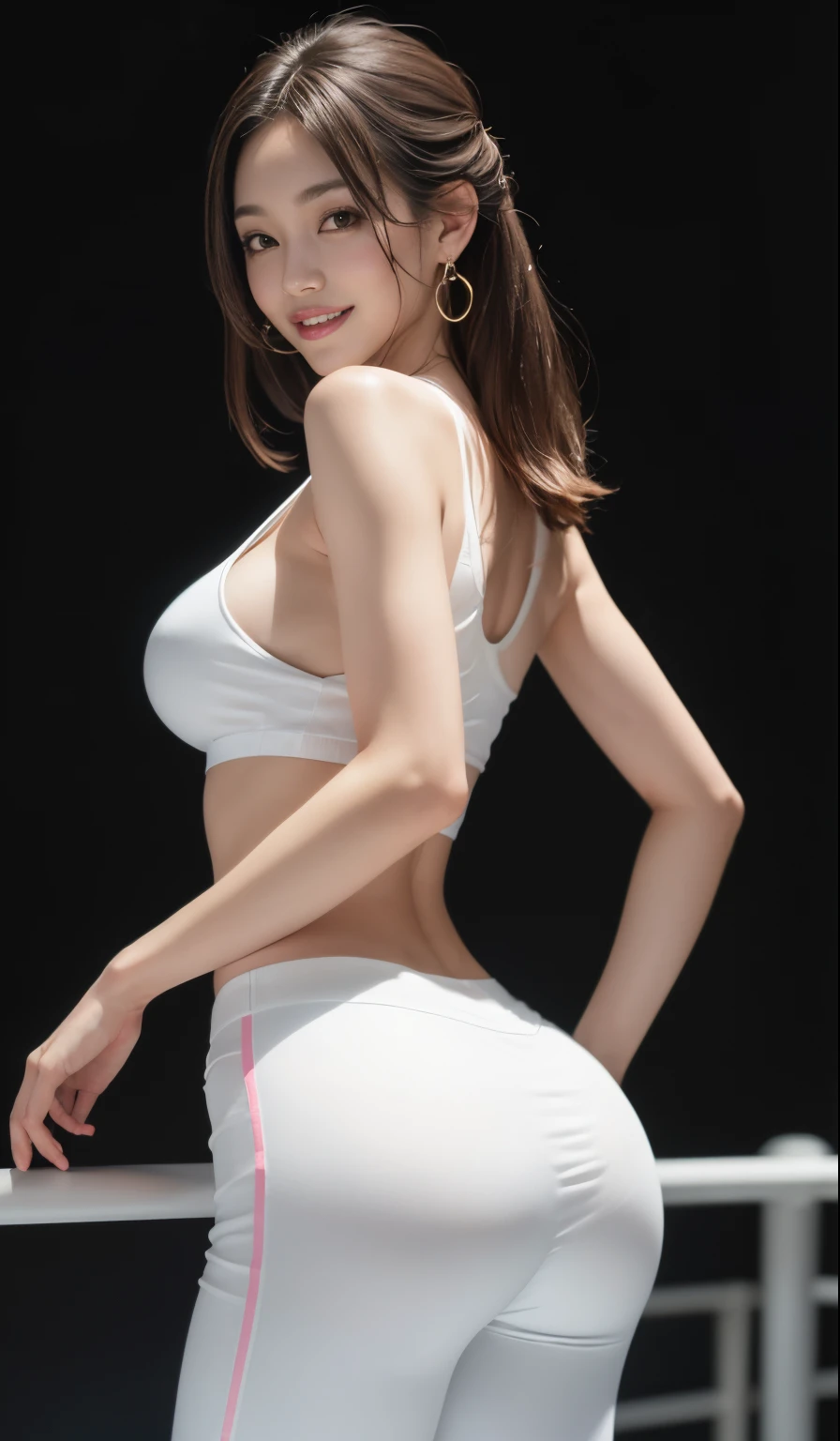 8K, masutepiece, Raw photo, Best Quality, Photorealistic, Highly detailed CG unifies wallpapers in 8K, depth of fields, Cinematic Light, Lens Flare, Ray tracing, (Extremely beautiful face, Beautiful lips, Beautiful eyes), intricate detail face, ((Ultra detailed skin)) 1girll, In the Dark, deepshadow, Pretty Korean girl, Kpop Idol, 1 girl, (very slim and slender muscular body:1.3), (Colossal tits:1.0),Narrow waist、(Wide buttock),S-shaped body,upturned ass,((view the viewer)),(Big smile:1.3), (Tight lace-up blouse), (PINK SHIRT), (Sleeveless) , (Fashion Night, a dark night, (Neon Light Sign), (Blurred background), Fashion Street Night),(No one is in the background:1.3), Beautiful earrings, bangle, Necklace, pantyhose, Clear eyes, (pale skin), (Big eyes), Face forward, ((upperbody shot)), ((Silk White Pants:1.3)),(Brown hairs),((Skinny Silk Pants)), ,Narrow waist、(Wide buttock),(Big Assa),S-shaped body,upturned ass,(view the viewer:1.3) opened breast, Very slim, medium breasts, turn back, Back shot, , Underwear