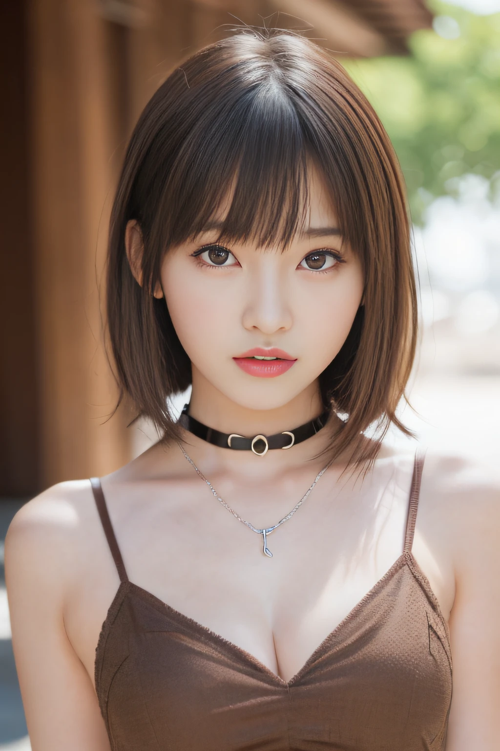 masutepiece, Best Quality, One girl, (Beautiful Girl:1.3), (:1.2), Very fine eye definition, (Symmetrical eyes:1.3), NSFW, (cute little、Highly detailed mini dress with open neckline:1.3), Beautiful breasts, Brown eyes, Parted bangs, Brown hair, Upper teeth、Background outdoor、chain and lock choker