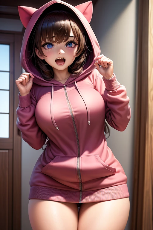 masterpiece,1girl,solo ,heart-shaped pupils,open mouth,hoodie,, stationary restraints,