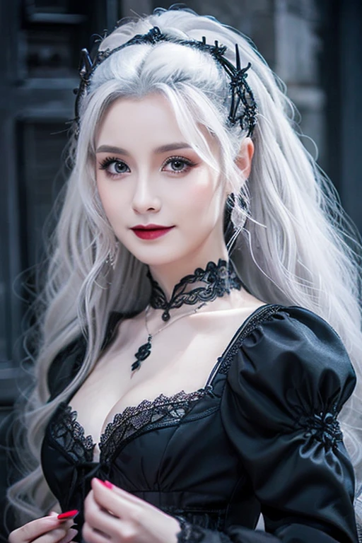 Woman in black dress, Beautiful charming woman in gothic fantasy, perfect gray hair girl, Girl with white hair,