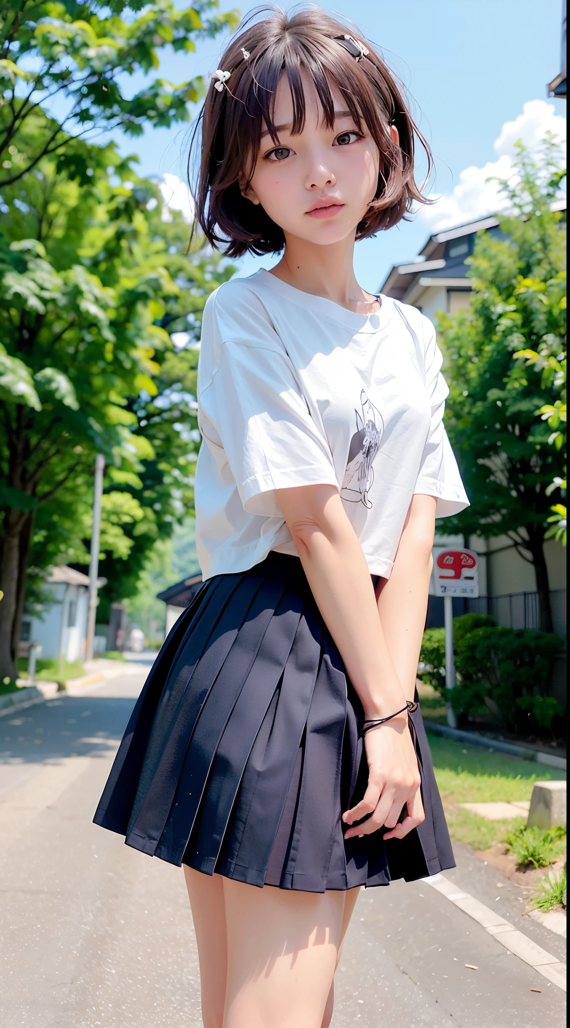 Short Hair Outdoor Fair Skin Disheveled Hair Open Mouth Japan Woman、Super Cute、Soft and face、Brown hair、8K resolution、A hyper-realistic、ultra-definition、 Soft body toned ass night、A cup small breasts((Highest Definition、8K、masterpiece:1.3))、Ultra-fine face、Ultra Fine Lips、Fine eyes、二重まぶた、Thin leg、A slender、skirt by the、