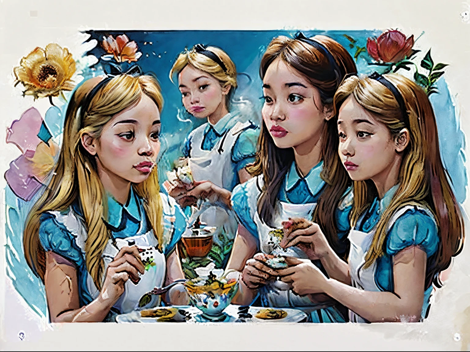 Four girls, tea time, asian, tea leaves, painting, portrait, smoke, colorful cloud, paper cut