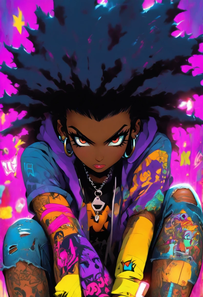 The most beautiful and sexy punk rock girl, black Afro, black and purple, blue hair, yellow eyes, dark skin, wearing a hoodie, Graphic design jacket and torn skinny jeans, tons of tattoos and piercings, Perfect masterpiece, high quality, High resolution, big tits