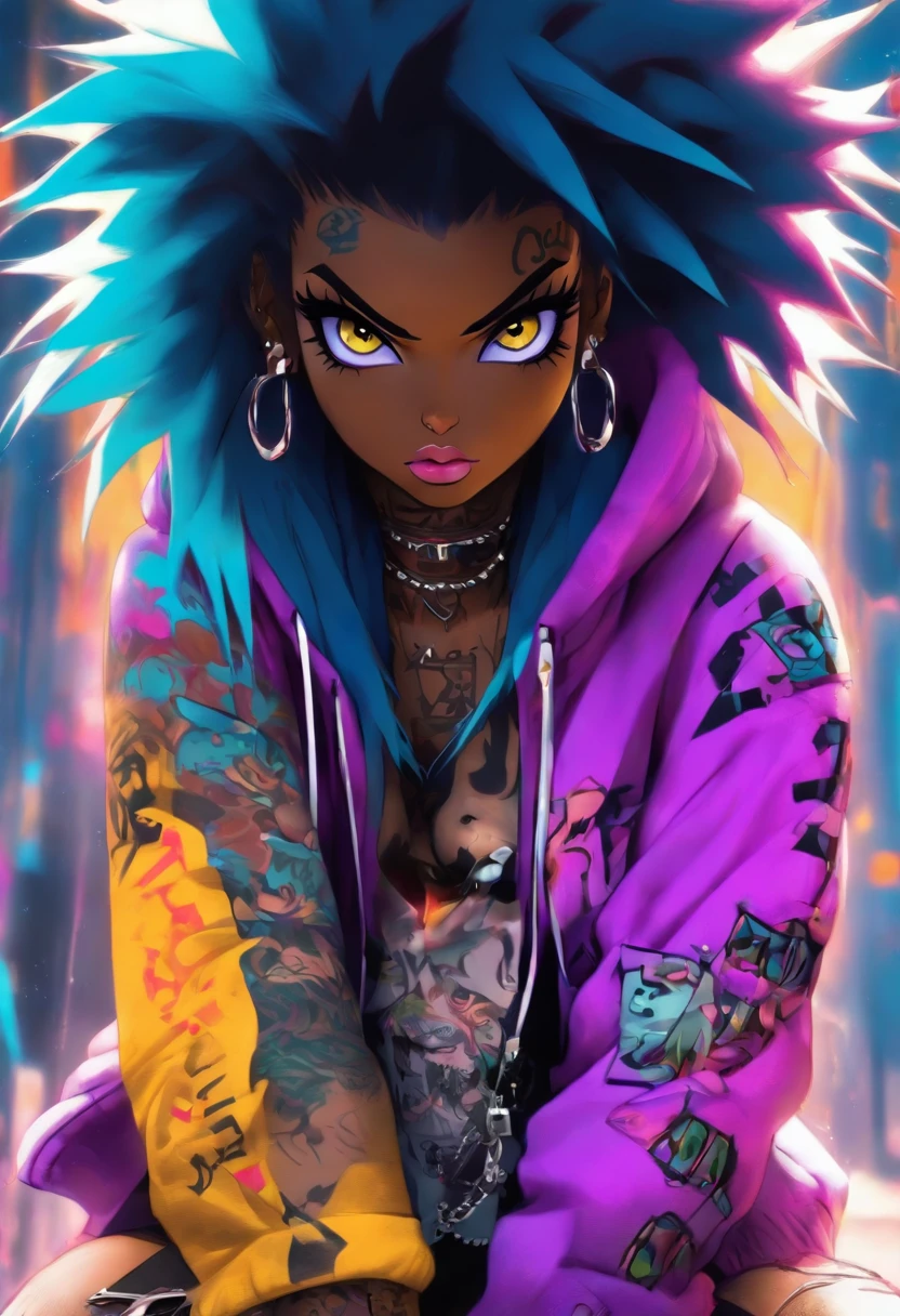 The most beautiful and sexy punk rock girl, black Afro, black and purple, blue hair, yellow eyes, dark skin, wearing a hoodie, Graphic design jacket and torn skinny jeans, tons of tattoos and piercings, Perfect masterpiece, high quality, High resolution, big tits