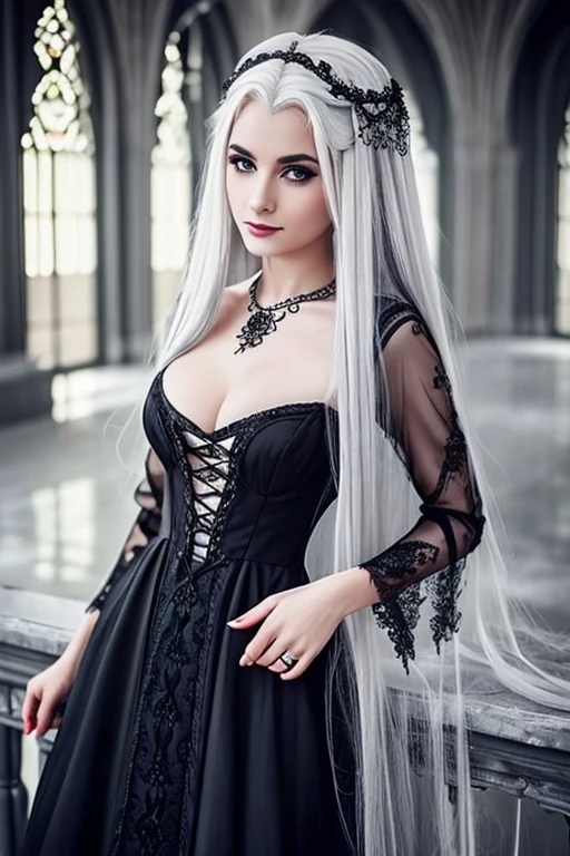 Woman in black dress, Beautiful glamorous woman in gothic fantasy, perfect gray hair girl, Girl with white hair,