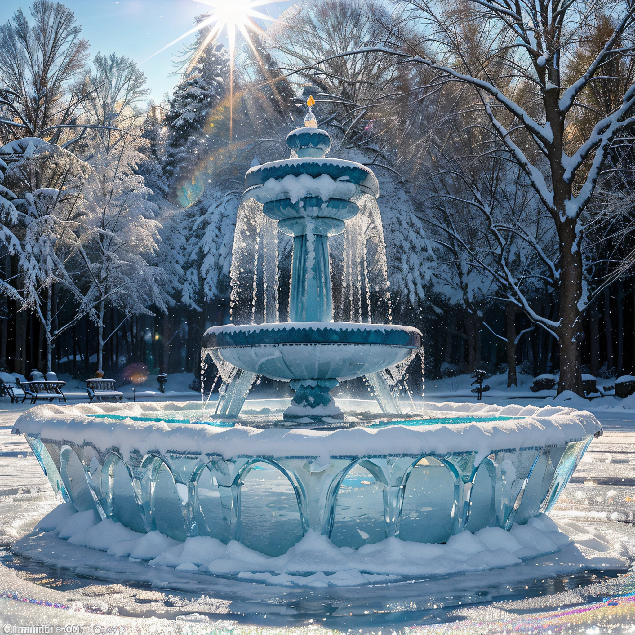 Frozen fountain in a snowy park, water turned to ice, ice sparkles in the bright sun, the sun&#39;s rays are beautifully refracted in the icy streams and cast magical multi-colored highlights, the snow around the fountain flickers, tmasterpiece, very extremely beautiful, fascinating