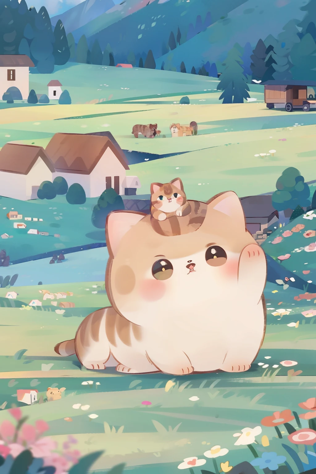 Scottish folding cat, closeup cleavage. cottage in the forest, wildflowers. Far Mountain.