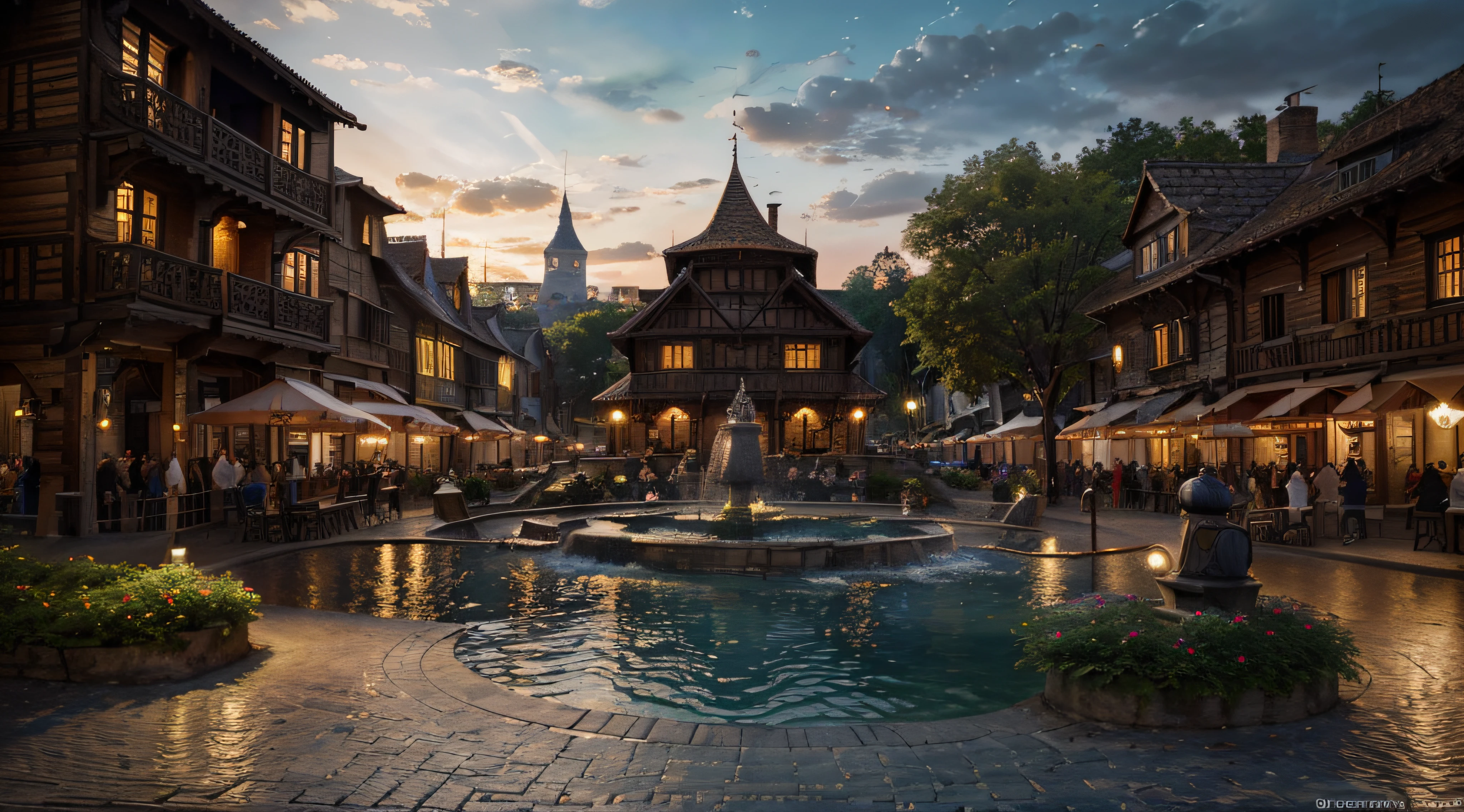 A fantasy village town square set in a settlement, with small crowd people. The centerpiece of the square is a magnificent fountain surrounded by cobblestone pathways. The whole scene is reminiscent of a fairy tale setting.
(best quality,4k,8k,highres,masterpiece:1.2),ultra-detailed,(realistic,photorealistic,photo-realistic:1.37), HDR, UHD, studio lighting, ultra-fine painting, sharp focus, physically-based rendering, extreme detail description, professional, vivid colors, bokeh, portraits, landscape, photography, concept artists, vibrant colors, warm tones, soft and diffused lighting.
