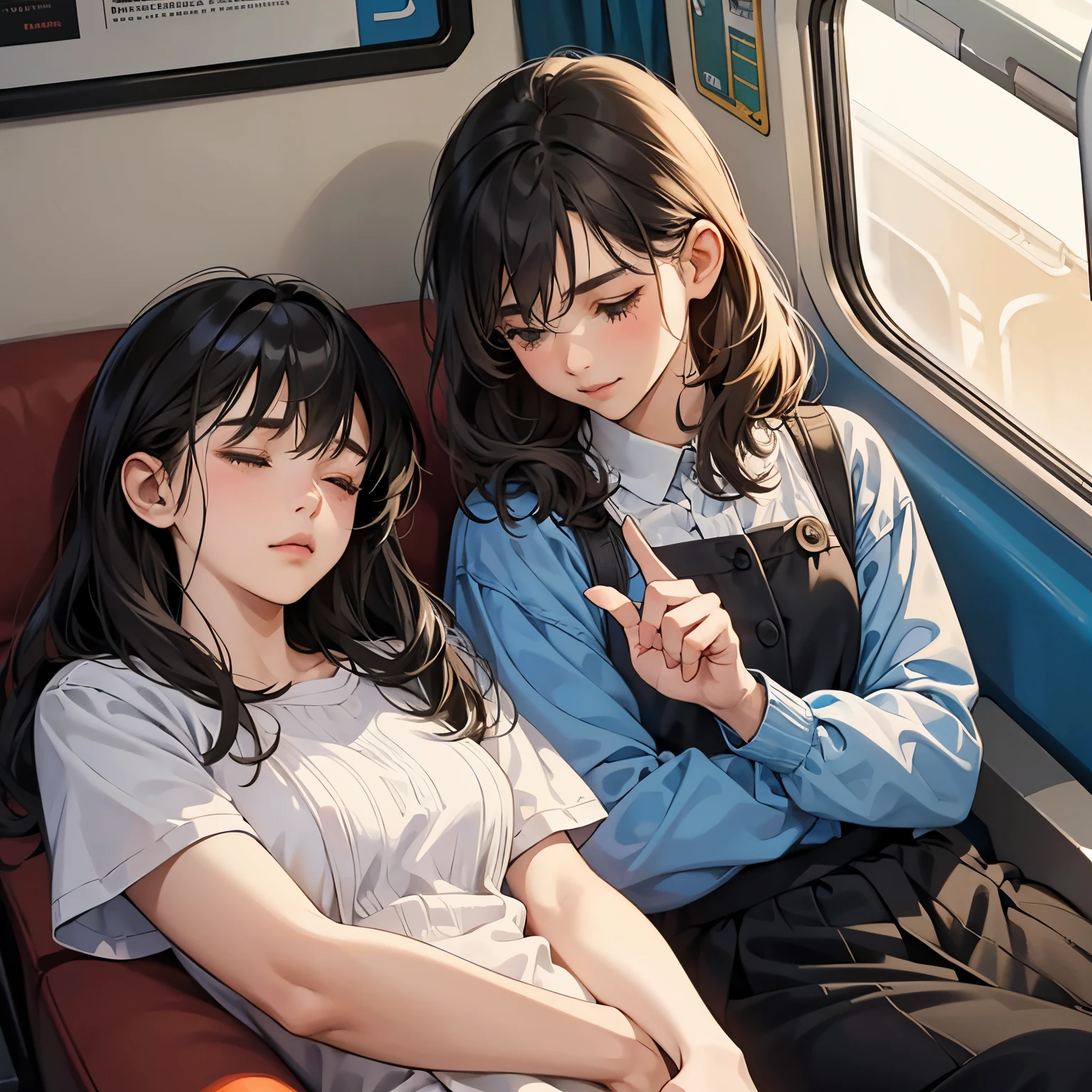 Two girls are snuggled up and dozing,They are both very cute,dozing,Accurately depicted faces,intimate lovers,tre anatomically correct,Precise fingers,student clothes,By train,​masterpiece,Best Quality.