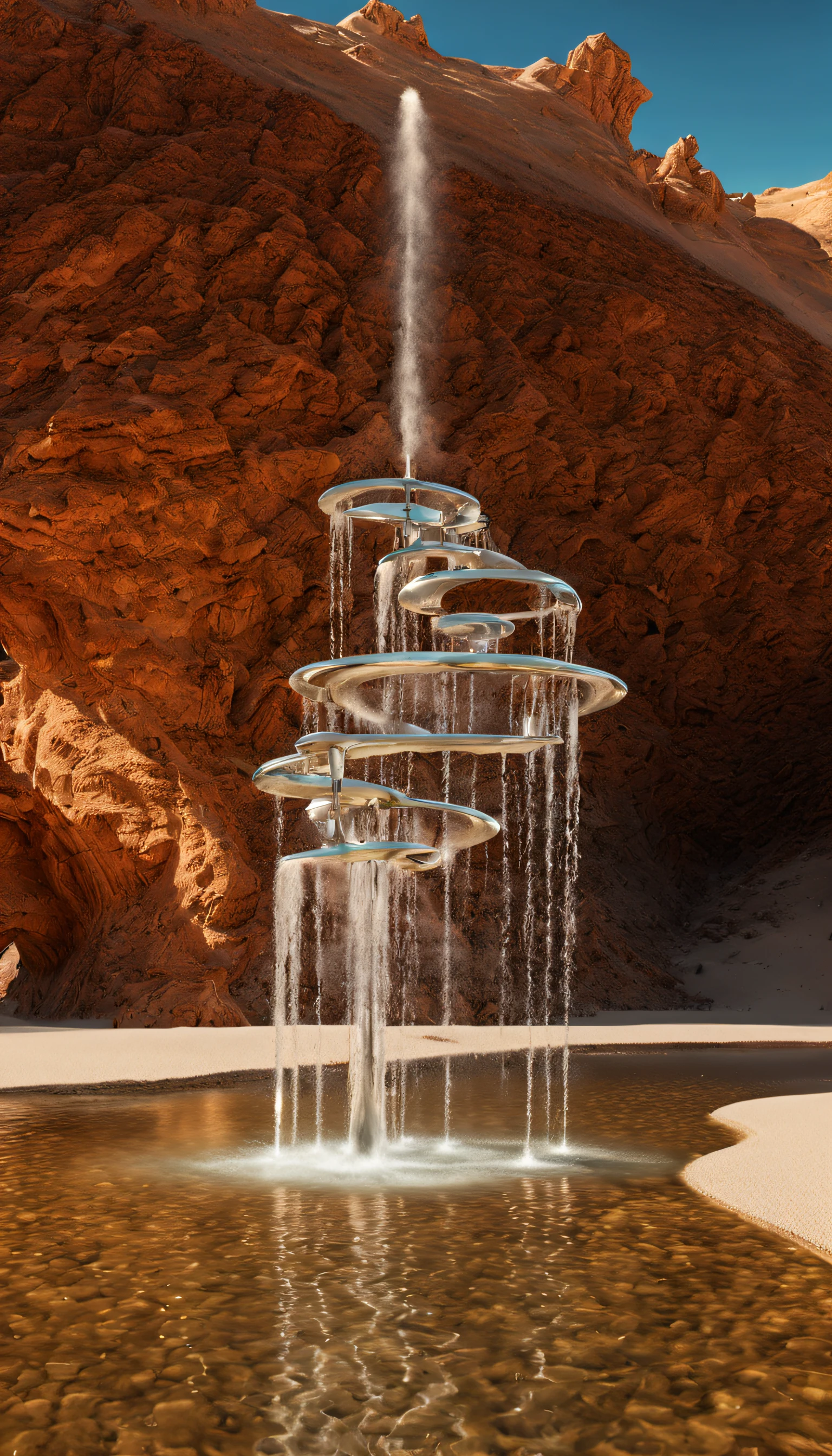 Surreal 3D rendering，Large cybernetic wishing fountain depicted in the dunes, A cactus-shaped faucet sprays water, water spray，Reflection in the water，Ethereal，Super fantasy