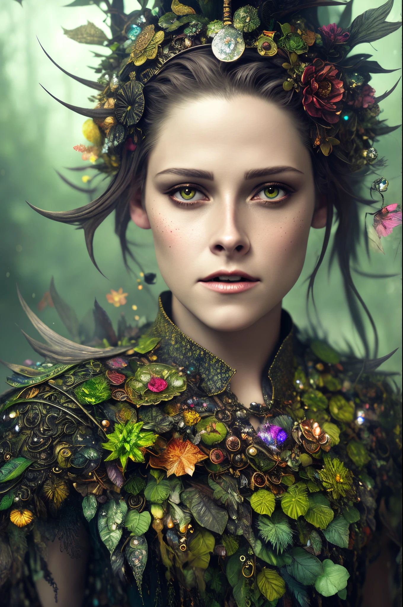 Looks like Kirsten Stewart, Closeup of a Surreal moss Elf with pointy ears in the styles of Ernst Haeckel, Arthur Rackham, Roger Dean, Jeff Wall, by Wolfgang Tillmans, Brooke Shaden $etching drawing illustration$ resin
detailed matte painting, deep color, fantastical, intricate detail, splash screen, complementary colors, fantasy concept art, 8k resolution trending on Artstation Unreal Engine 5