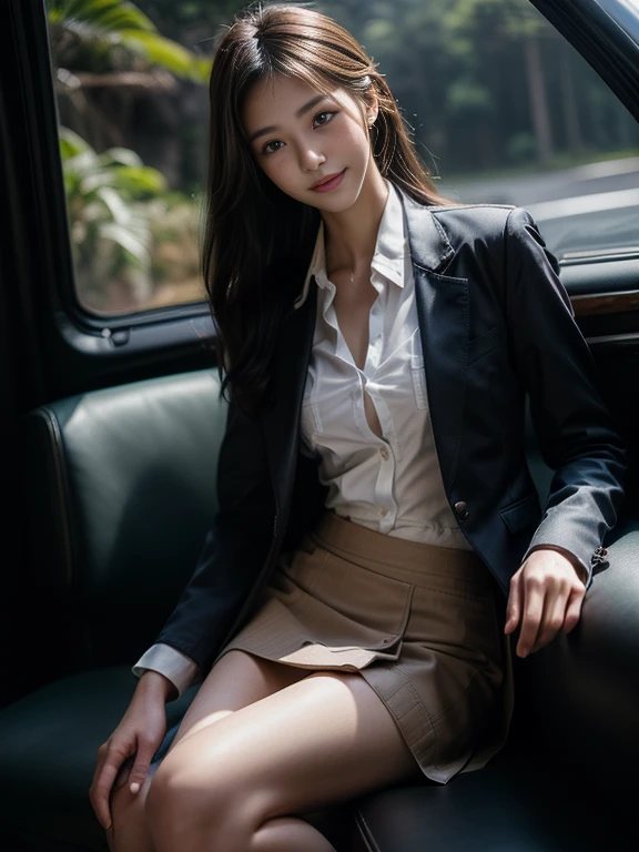 ((top-quality、in 8K、masterpiece:1.3、Raw photo))、Super high quality photos, Inside a luxury limousine running through a tropical jungle, ((Wearing a business suit with jacket and skirt)), ((Beautiful Japanese woman sitting on a seat)),((Wear a white blouse shirt under the jacket)), ((Perfect beauty 20 year old idol Japan woman)), ((a smile)), ((protruding nipples under the shirt,,)), ((slim figure)), ((Slim legs)), ((slim thigh)), (Photorealistic: 1.4), (Ultra-high detail), (hyper realisitic: 1.4), (Realistic: 1.3), (Smooth lighting: 1.05), Full body, 1girl in, Solo, (Japanese actressl), 20yr old, cinematlic lighting, ((Leaner figure)), Good anatomy, Correct anatomy, Inside a limousine driving through a tropical jungle, ((Perfect beauty 20 year old idol Japan woman)), ((Slim legs)), ((slim thigh)), ,((Perfect beauty)), ((He has a small camping bag in one hand.)), ((Panties are visible through the skirt)), ((a smile)), ((camel's toe)), ((Wearing a business suit with jacket and skirt)), ((Hands on the crotch)).