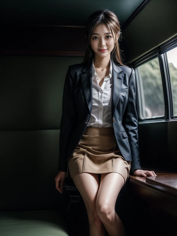 ((top-quality、in 8K、​masterpiece:1.3、Raw photo))、Super high quality photos, Inside a luxury limousine running through a tropical jungle, ((Wearing a business suit with jacket and skirt)), ((Beautiful Japanese woman sitting on a seat)),((Wear a white blouse shirt under the jacket)), ((Perfect beauty 20 year old idol Japan woman)), ((a smile)), ((protruding nipples under the shirt,,)), ((slim figure)), ((Slim legs)), ((slim thigh)), (Photorealistic: 1.4), (Ultra-high detail), (hyper realisitic: 1.4), (Realistic: 1.3), (Smooth lighting: 1.05), Full body, 1girl in, Solo, (Japanese actressl),　20yr old, cinematlic lighting, ((Leaner figure)), Good anatomy, Correct anatomy, Inside a limousine driving through a tropical jungle, ((Perfect beauty 20 year old idol Japan woman)), ((Slim legs)), ((slim thigh)), ,((Perfect beauty)), ((He has a small camping bag in one hand.)), ((Panties are visible through the skirt)), ((a smile)), ((camel's toe)), ((Wearing a business suit with jacket and skirt)),  ((Hands on the crotch)).