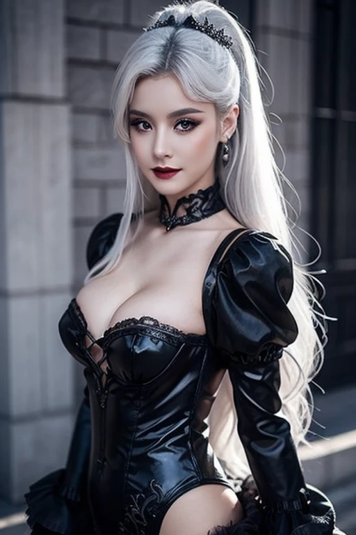 woman in sexy black dress, Beautiful glamorous woman in gothic fantasy, perfect gray hair girl, Girl with white hair,