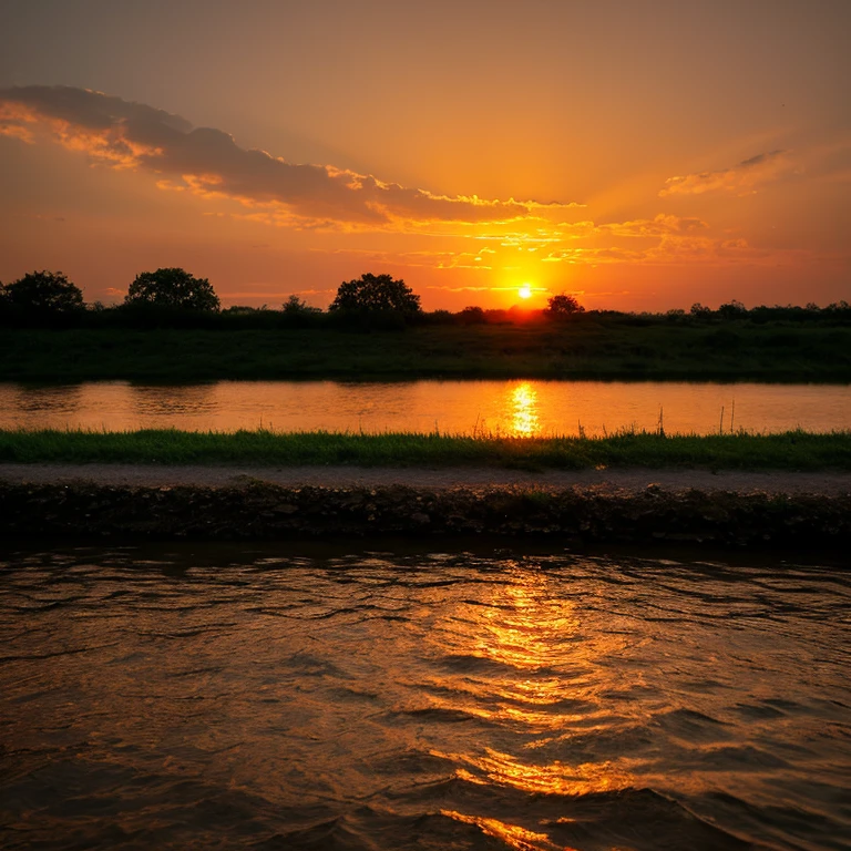 landscape shot　the setting sun　along the river