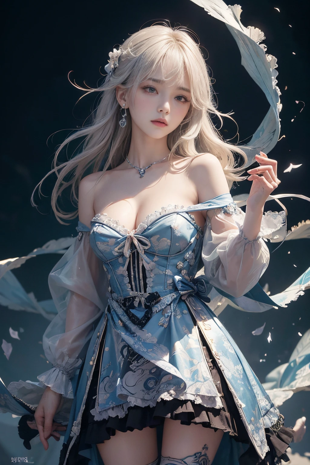 (Masterpiece, Best Quality: 1.4), Detailed Background, White Crystal, Crystal Cluster, Long Hair, Jewelry, Earrings, Necklace, Crown, Bride, White Hair, Halo, (Overlook), Dynamic Angle, Ultra Detailed, Illustration, Close Up, Direct Look, 1girl, (Fantasy: 1.4), (Purple Eyes: 1.233), Her Eyes Shine Like Dreamy Stars, (Glow Eyes: 1.233), (Beautiful and Delicate Eyes: 1.1), (Silver Hair: 1.14), (Messy Hair, Very Long Hair, French braids, hair between the eyes, side hair), (+(blue hair flower: 1.14)), (chiffon dress, uniform blue flower pattern)/= (military uniform: 1.24), (split sleeves, wide sleeves), (fingerless gloves), choker, (miko thighhighs), high heeled boots, (expressionless, shut up), (standing), (classical princess boudoir with dresser floor-to-ceiling windows white ancient palace), (white flowers, blooming), (deep sea), (flowing water), (dark blue world tree:1.14),(Ruins),(Night:1.2),dreamy,Soul,(fluorescent),(Flying Translucent Blue Butterfly:1.15),[Delicate Fingers and Hands:0.55]::0.85], (Finger Detail), (Yubao:0.5)