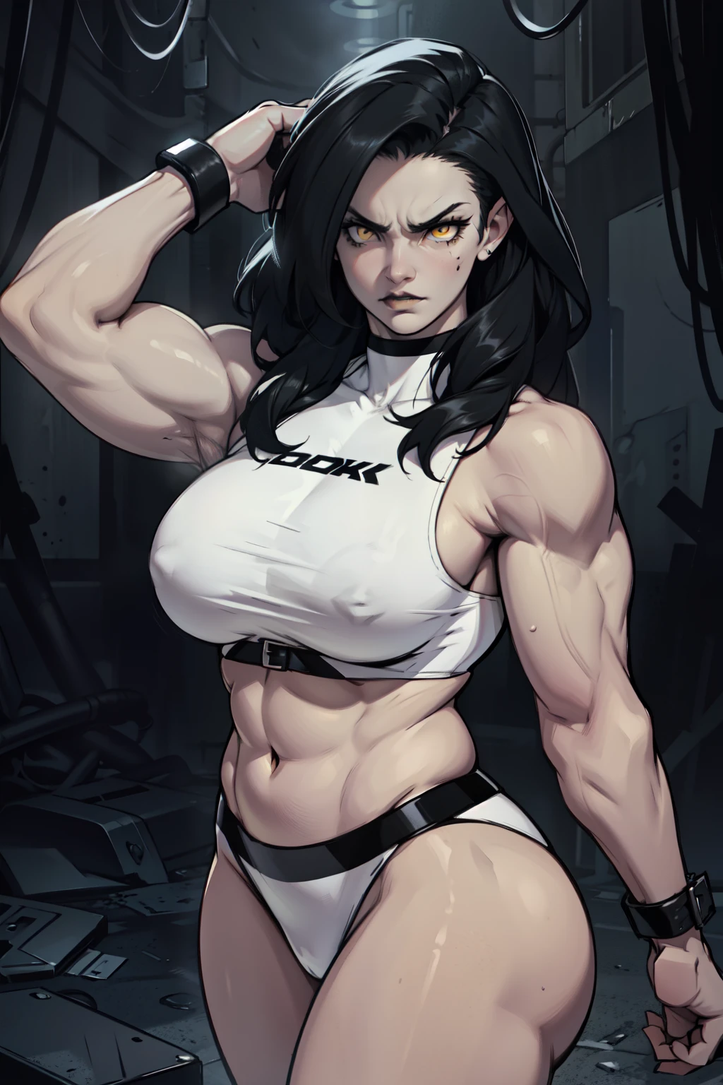 pale skin solo 1 girl black hair yellow eyes angry very long hair large breasts bodybuilder dark atmosphere black lipstick