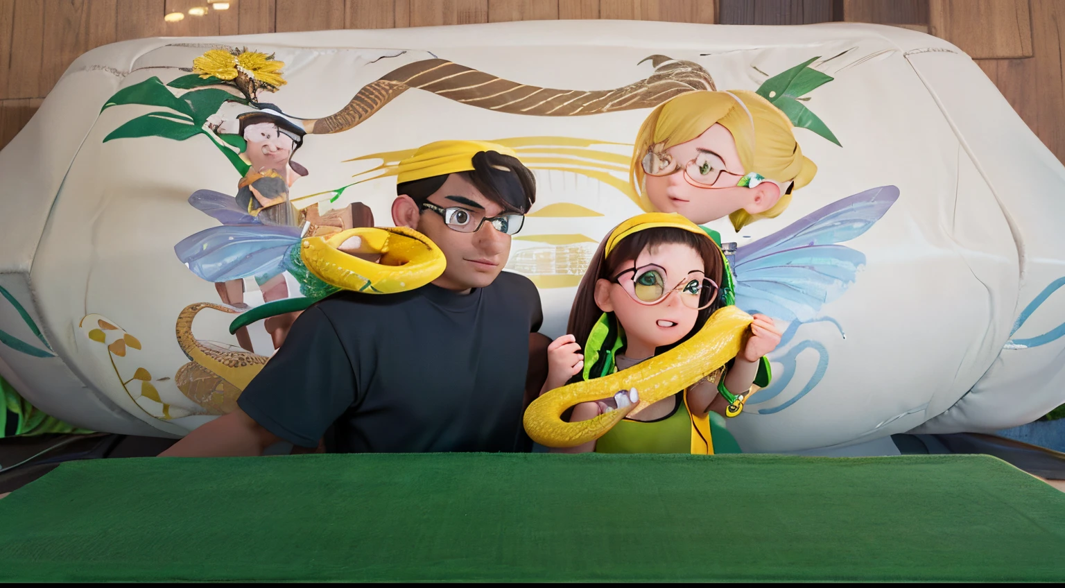 A couple photo of a man wearing black shirt with eyeglasses and a girl wearing yellow green, sleeveless dress with him. They are holding a huge yellow snake wrapped around them.