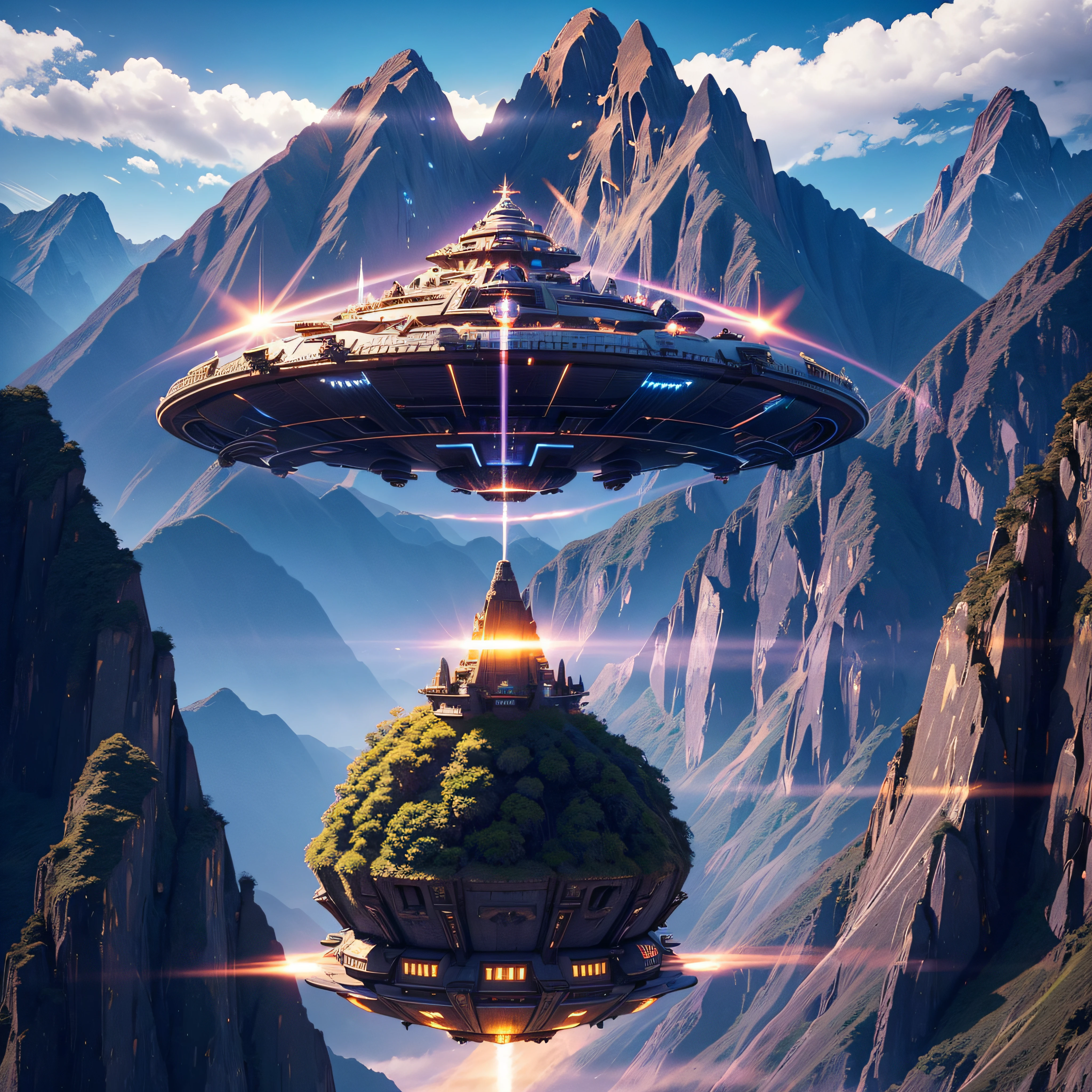 spaceship flying over Machu Pichu with a beam of light coming from it, ancient alien portal, alien spaceship in the sky, an intact ancient alien ship, alien mothership in the sky, alien structure, ufo aliens, ancient alien tools and houses, alien spaceship, ufo landing, ufo, ufos, the ufo is over the city, art by Ray Shark