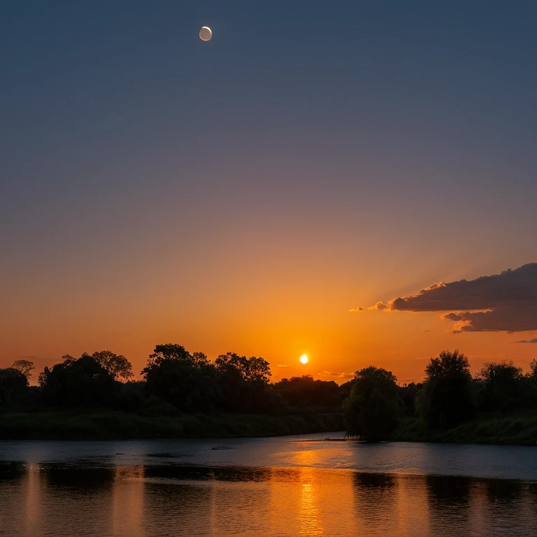 landscape shot Sunset moon along the river