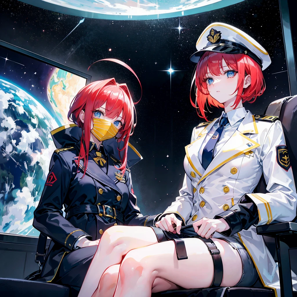 (((masterpiece)))、(((Top image quality)))、(((top-quality)))、(((Illustration of one woman)))、full bodyesbian、Red-haired shorthair、(Thin hair hanging down both sides of the face)、Blue eyes、(((neuter)))、((Tall))、(((Muscular and strong body)))、(((Muscular and strong body)))、((muscular and thick arms))、((muscular and thick legs))、(((manspreading)))、opening legs、((Military uniforms))、((Military Cap))、((Military coat))、(white clothes)、(White pants)、(White cap)、trench coat、((Inside the spaceship、Sitting in the captain's seat))、(Outside the window、kosmos、Earth seen from space、Spaceport)