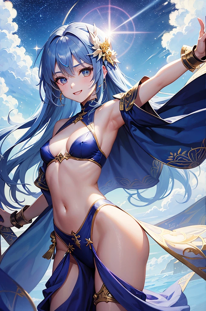(NSFW:1.2)、Ultra-detailed graphics、Very detailed illustrations、masuter piece、dynamic ungle、1人の女性、A 、Female Warrior、Slender body、blue and gold metal bikini armor、goddess hair ornament、beautiful shining blue hair、Super long straight hair、(Dancing hair:1.3)、(Proud smile:1.1), Beautiful eyes drawn down to the smallest detail、(Smaller chest:1.1)、(Small buttocks:1.7)、cleavage of the breast、a navel、thighs thighs thighs thighs、Fantastic space background with starry sky and blue theme、Make the entire screen shine、(A beautiful holy sword is held in his hand........:1.5)、