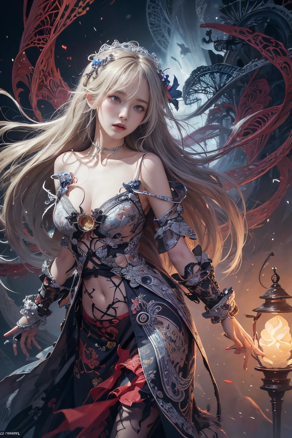 (A rainy night in a bustling city:2.0),(skirt:1.9),Not written,Ethereal Background,Mysterious atmosphere,RAW photos,16K,drama灯光,Colorful,high quality,Precise focus,4D Cinema,drama,Surreal illustration,Super detailed,absurd,Complex Mode, atmosphere,Ultra-high resolution, (Realistically:1.4),(Fractal Art:1.3),(Breasts naturally droop outwards),(Large Breasts),(Silver Hair),(Showing shoulders and thighs),A woman,Neon,drizzle,Umbrella,bus stop,Flash