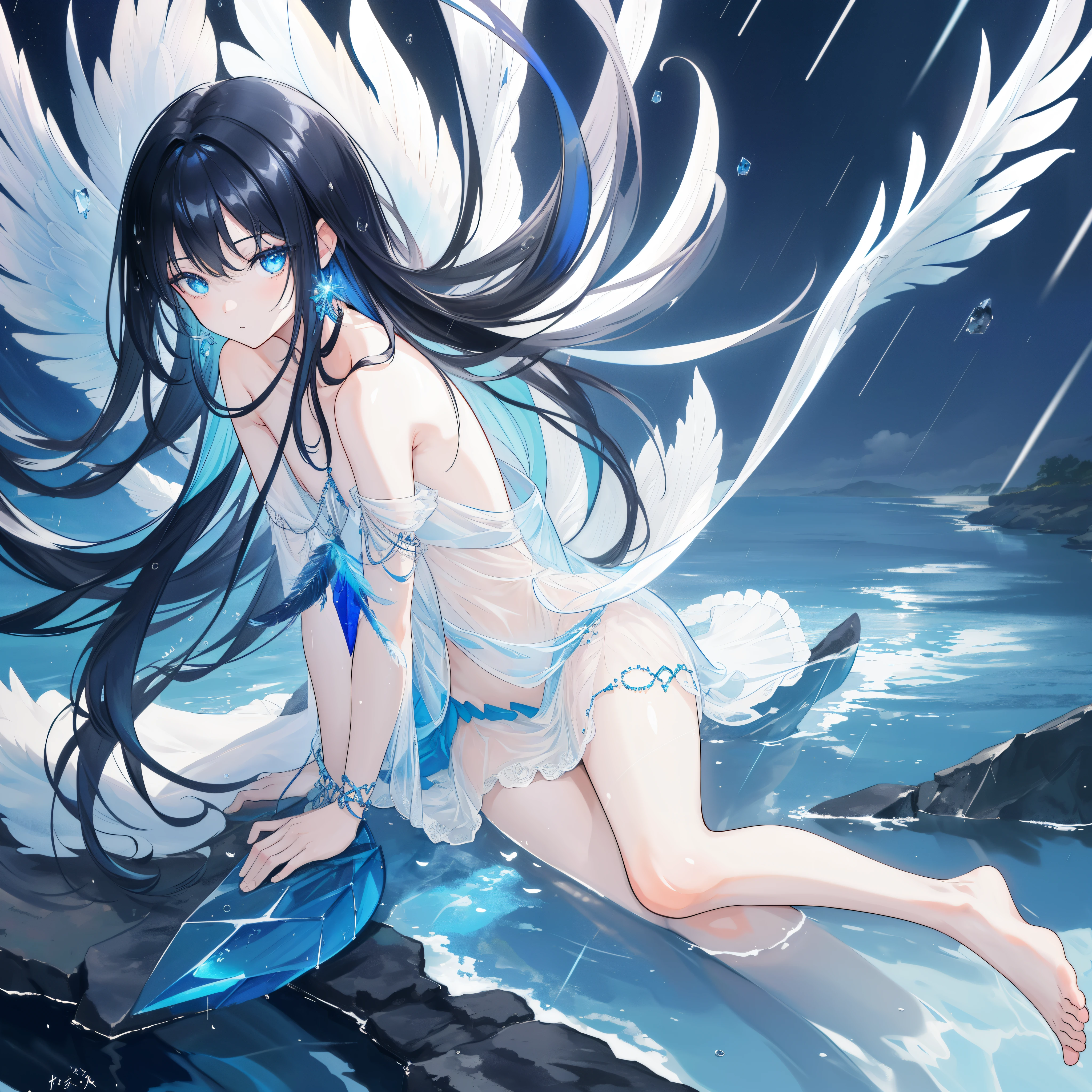 ((A close up)) of a black-haired anime girl, (sitting in the (river)), ((strong sunlight)), cinematic light, slim body, skin is perfectly healthy, soft, and smooth, Extremely delicate and beautiful CG illustration, best quality, high resolution, dynamic angle, full-length lens, (1 girl), floating, soft light, high-key lighting), glowing light, blue halo, feathers fluttering background, blue crystal, ((very cinematic)), ((half naked)), (raining: 1.2), barefoot