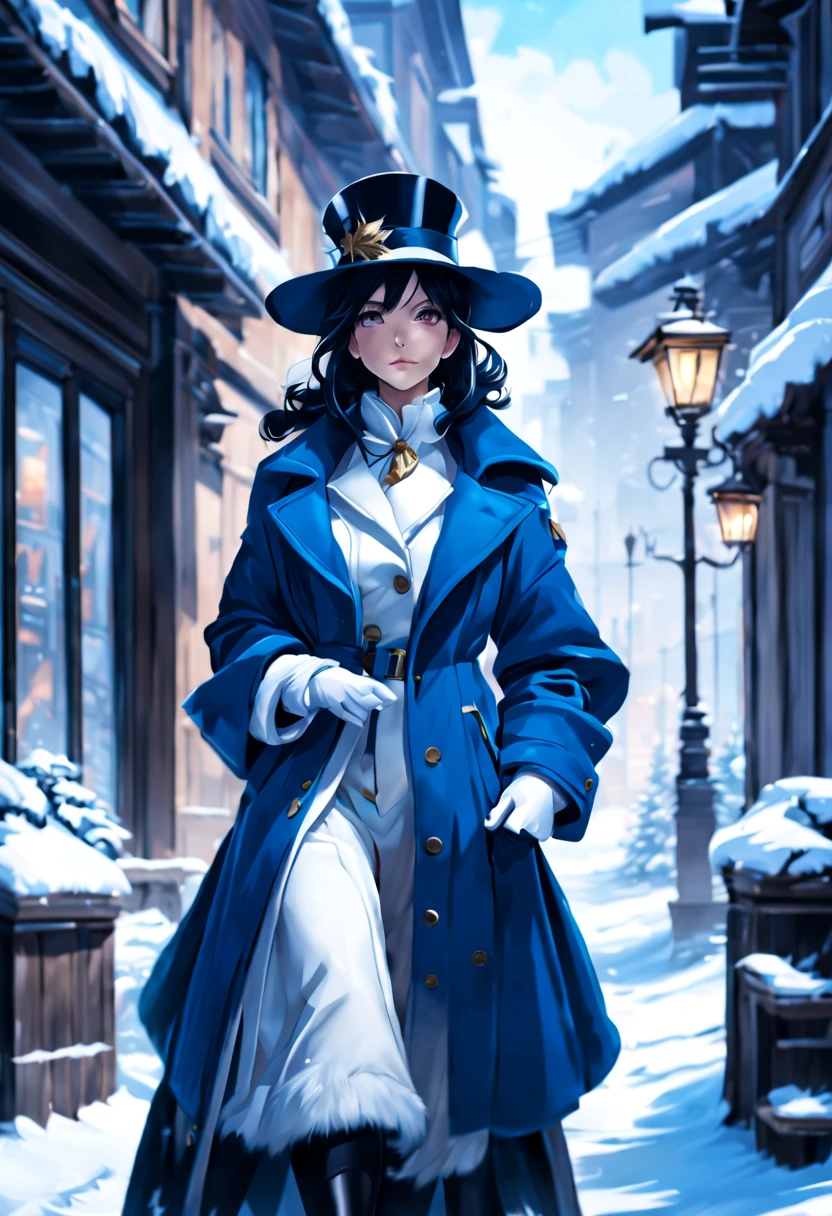 woman in a blue coat and hat stands in the snow, morning, morning snow, black-haired magician, Winter concept art, Extremely detailed Artgerm, Made in Anime Painter studio, Murata and Artgerm's area, in winter, In the snow, Artgerm style, by Girls Frontline, heavy winter aesthetic, Queen of Winter, Winter Princess, Anime Mo Artstyle