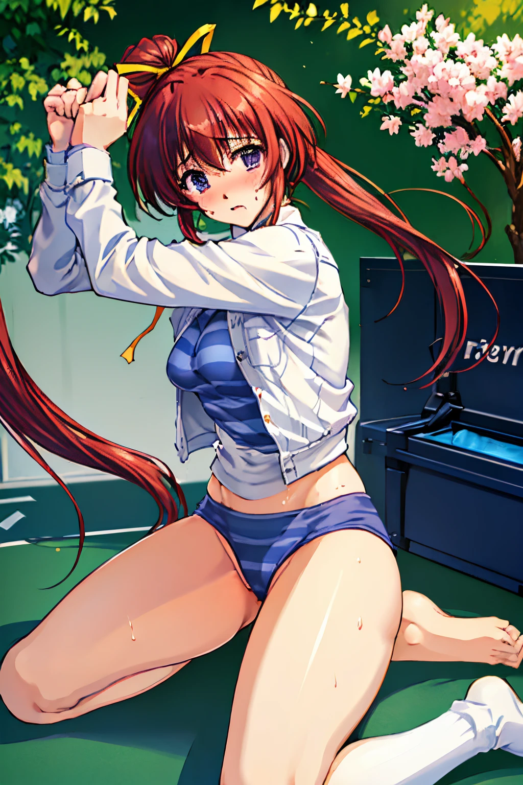 Best Quality, Highly detailed, Same as, (((The cherry tree))), An outdoor masterpiece, High quality, Best Quality, High resolution, 4K, High Definition, Beautiful lighting,Highly detailed face, well-drawn hands, well-drawn legs,well-drawn feet,well-drawn eyes,1girl in,,,​masterpiece, top-quality, Hi-Res, , , 1girl in, Solo,,{{Detailed}},(((Mizuki_Takase))),(((comic strip_Party))),(((White jacket))), (((Striped shlit))),(((White High Socks))),Red_hair, hair_bow ribbon,One_Side_pony_tail,Purple_eye, large full breasts,19 year old girl,white_high_ sox,zettai ryouiki,Ahoge,(((1 ponytail))),(((white_high_ sox))),(((zettai ryouiki))), thighs thighs thighs thighs, Skindentation,Ahoge,1 ponytail,thick thighs,, point to the listener,(​masterpiece、top-quality、detaileds)、frombelow、Knee up、A smile、cparted lips、full body Esbian、looking at the viewers、​masterpiece、top-quality、hight resolution、独奏、bra very、sprawl、From  above、irate、Disturbed clothing、Rough breath、Sexual facial expressions,( Sweating, NSFW,Sweat,perspired,4fingers and 1thumb,Five Fingers,(((Shy))),(((trembling))),(((with guy))),, (((Striped shlit))), (((Blue striped underwear))),(((Tennis Wear))),(((NSFW))),(((trembling))),(((with guy))),,(((vaginal))),(((object insertion))),BREAK,(((1boys、***1人,Having sex))),((( with guy,))),vaginal ,(((Back)))(((doggystyle))),(((SEX))),(((arms behind back))),(((Kneeling))),,(((Tennis Wear))),(((NSFW))),(((trembling))),