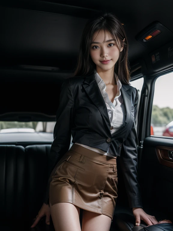 ((top-quality、in 8K、masterpiece:1.3、Raw photo))、Super high quality photos, Inside a luxury limousine running through a tropical jungle, ((Wearing a business suit with jacket and skirt)), ((Beautiful Japanese woman sitting on a seat)),((Wear a white blouse shirt under the jacket)), ((Perfect beauty 20 year old idol Japan woman)), ((a smile)), ((protruding nipples under the shirt,,)), ((slim figure)), ((Slim legs)), ((slim thigh)), (Photorealistic: 1.4), (Ultra-high detail), (hyper realisitic: 1.4), (Realistic: 1.3), (Smooth lighting: 1.05), Full body, 1girl in, Solo, (Japanese actressl), 20yr old, cinematlic lighting, ((Leaner figure)), Good anatomy, Correct anatomy, Inside a limousine driving through a tropical jungle, ((Perfect beauty 20 year old idol Japan woman)), ((Slim legs)), ((slim thigh)), ,((Perfect beauty)), ((He has a small camping bag in one hand.)), ((Panties are visible through the skirt)), ((a smile)), ((camel's toe)), ((Wearing a business suit with jacket and skirt)), ((Hands on the crotch)).