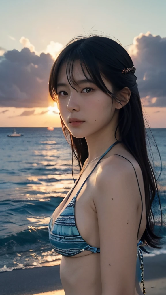 18year old、A dark-haired、Long、The bikini、夏天、Hawaiian ocean、the setting sun、