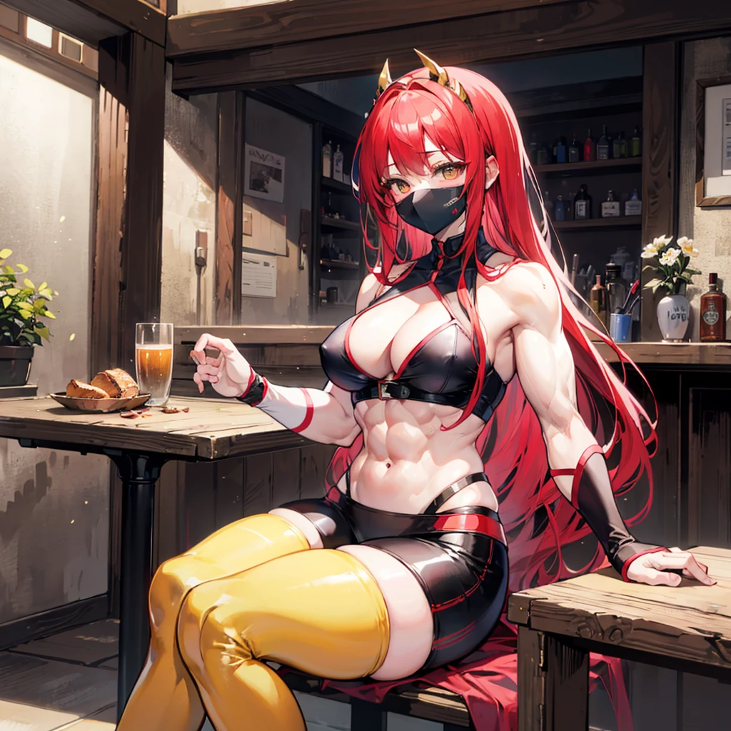 （（（​masterpiece）））、（（（Top image quality）））、（（（top-quality）））、（（（Illustration of one girl）））、（（（Muscle Girl）））、（（neuter））、（（Long hair with red hair））、Golden eyes、（（Tall））、（（（Muscular and strong body）））、（（Split abs））、（（muscular and thick arms））、（（muscular and thick thighs））、（（（manspreading）））、adventurer、（（（Adventurer style equipment）））、Sitting on a chair、Medieval tavern