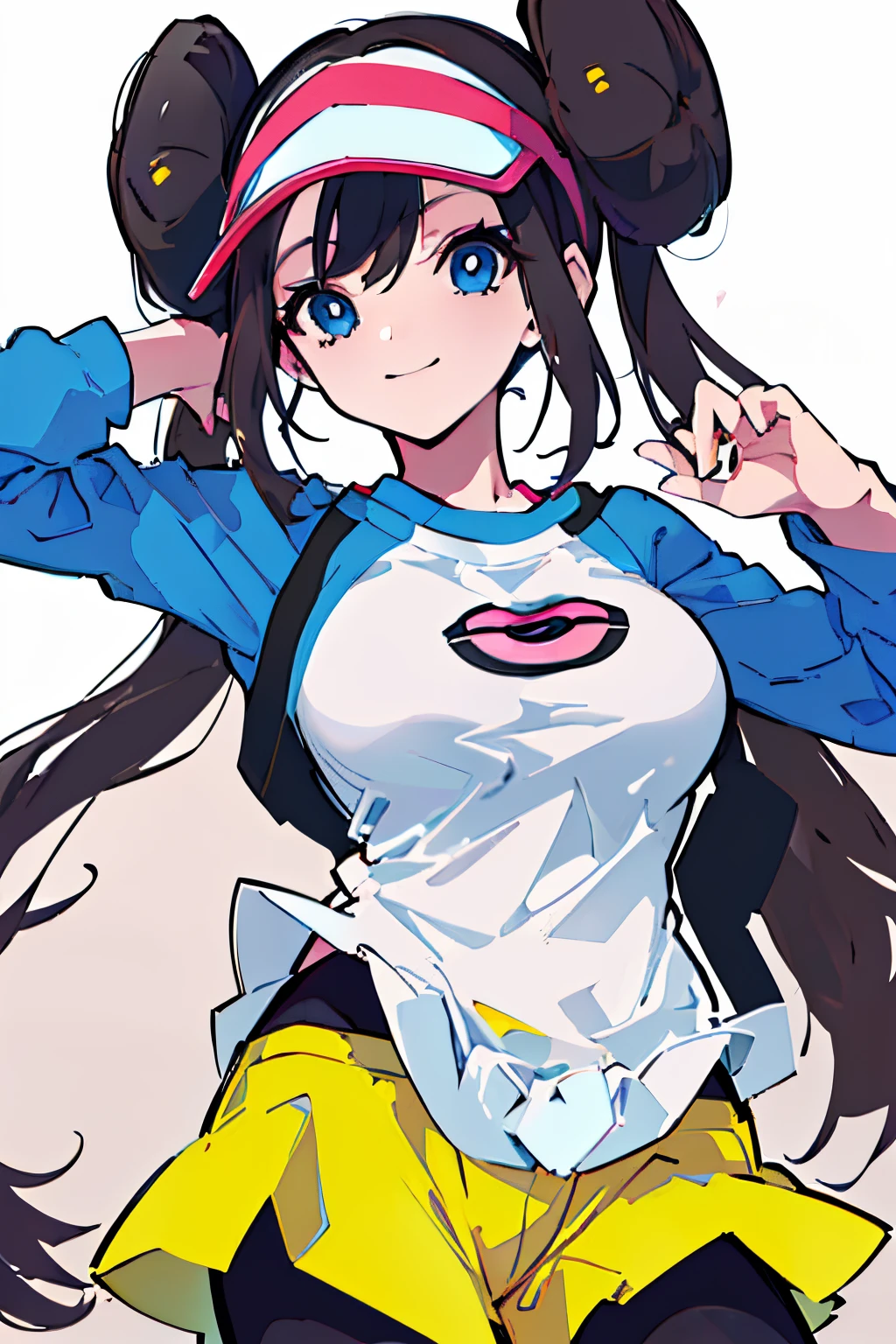 ((top-quality)), ((​masterpiece)), ((ultra-detailliert)), (extremely delicate and beautiful), girl with, 独奏, cold attitude, (Pokemon female characters、Rosa) (side lights:1.2), Hair bun, Blue eyes, Twin-tailed, Visor Cap, pantyhose, raglan sleeves, Yellow shorts, The shirt、wrist watch ,(Big Breast),She is very(relax)with  the(Settled down)Looks,A dark-haired, depth of fields,evil smile