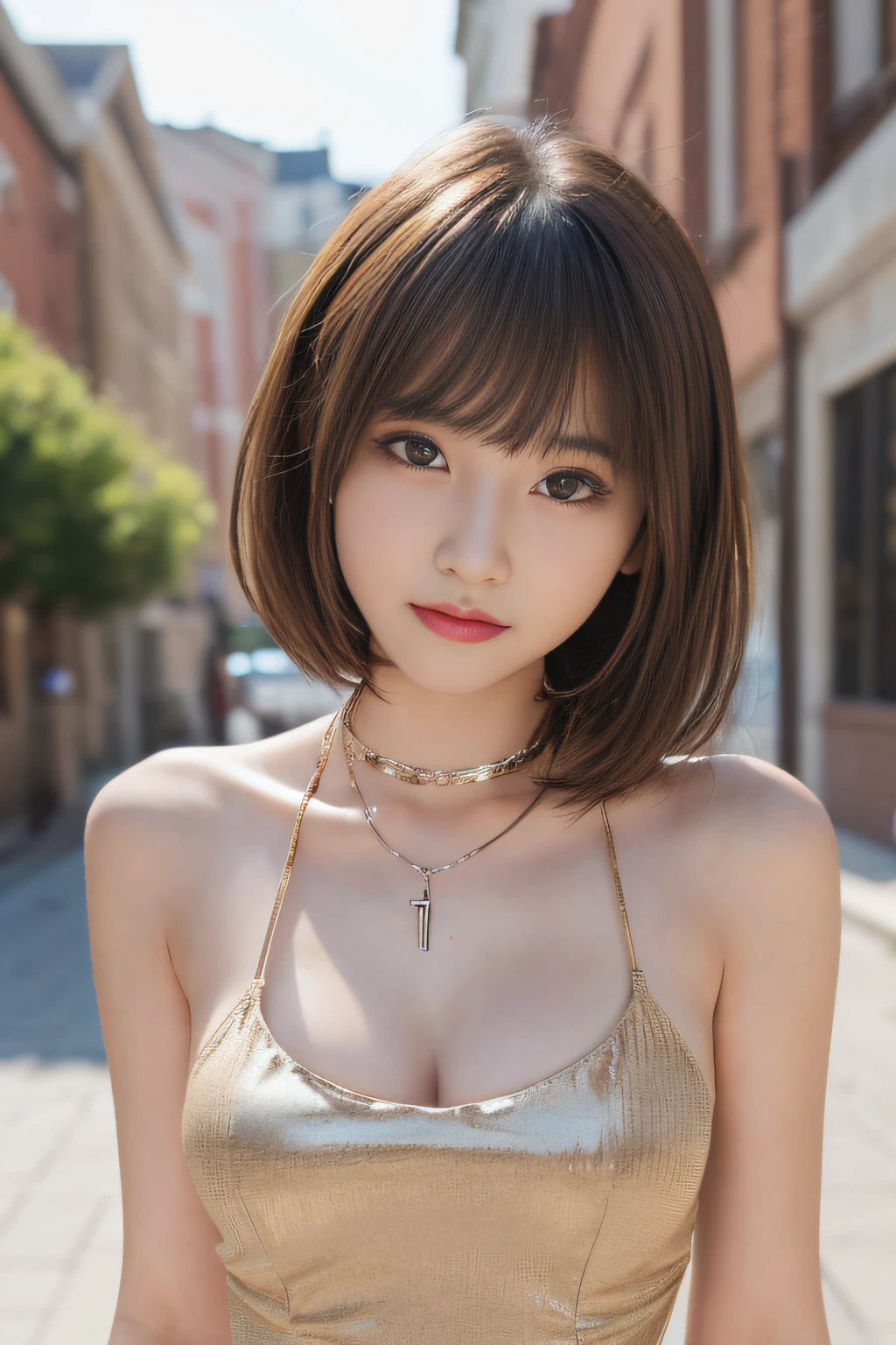 masutepiece, Best Quality, One girl, (Beautiful Girl:1.3), (:1.2), Very fine eye definition, (Symmetrical eyes:1.3), NSFW, (cute little、Highly detailed mini dress with open neckline:1.3), Beautiful breasts, Brown eyes, Parted bangs, Brown hair, Upper teeth、Background outdoor、Blurring、chain and lock choker