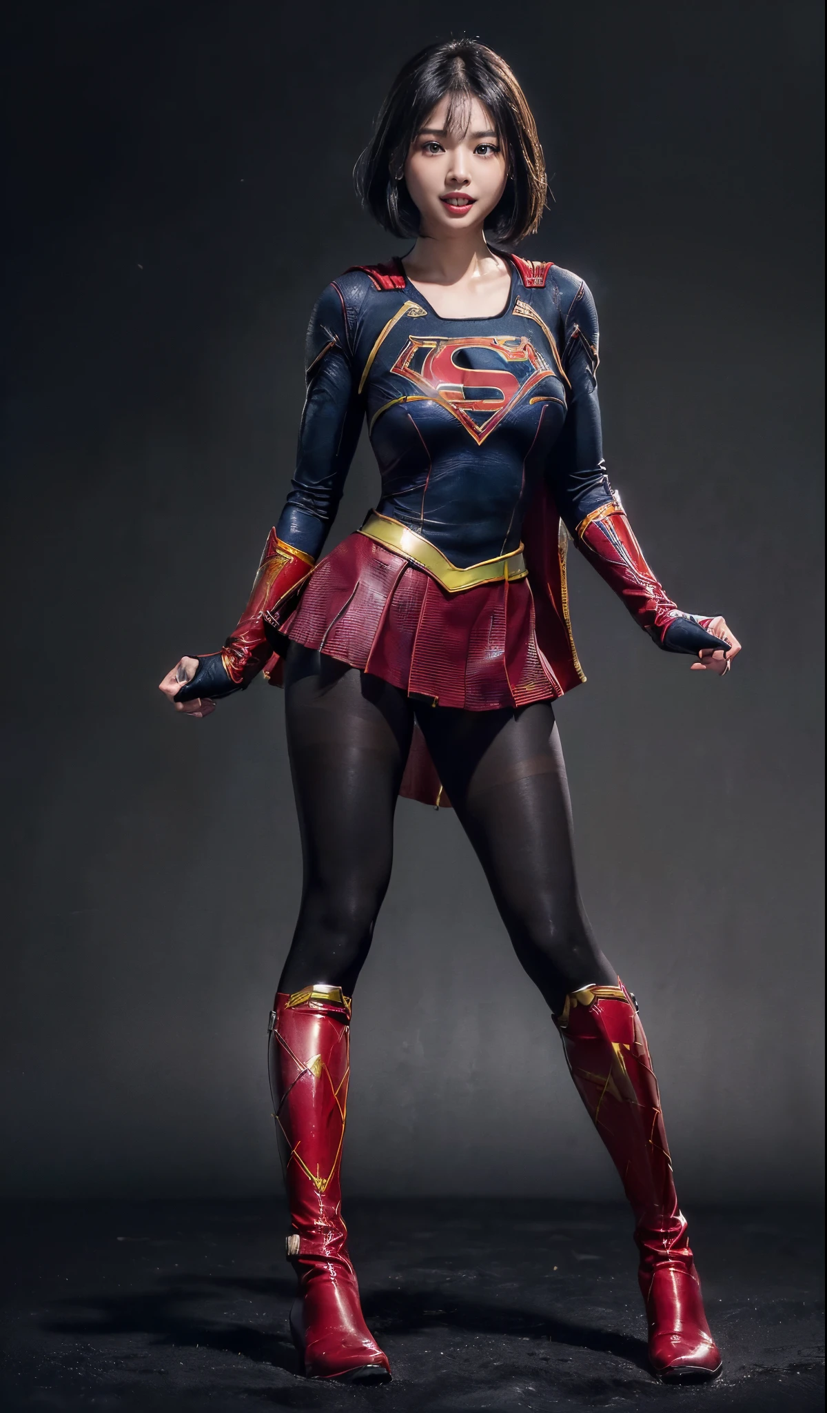 Suffering、mouth is always open sloppily、Drool is always dripping from my mouth、Asian Beautiful Girl、(((Wear black tights on your beautiful legs.)))、(((beauty legs)))、(((facial expression of smile)))、((((Make the most of the original image)))、(((Supergirl Costume)))、(((a short bob、beautiful hairl)))、(((Suffering)))、(((Feet must necessarily be worn with black tights)))、(((You need to wear red boots)))、((Top image quality、8K))、((top-quality、8K、​masterpiece:1.3))、(((Keep your background simple)))、Crisp focus:1.2、Beautiful woman with perfect body shape:1.4、Slender Abs:1.2、a wet body:1.5、Highly detailed facial and skin texture、8K、beauty legs