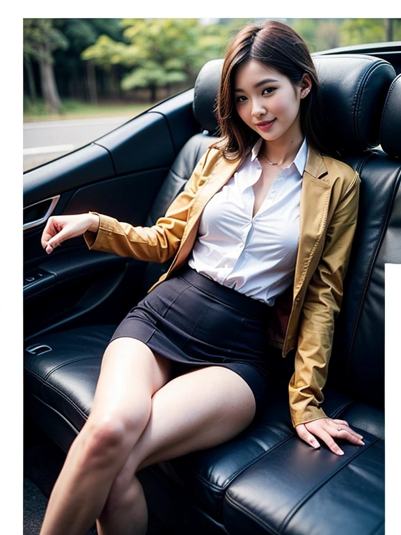 ((top-quality、in 8K、​masterpiece:1.3、Raw photo))、Super high quality photos, Inside a luxury limousine running through a tropical jungle, ((Wearing a business suit with jacket and skirt)), ((Beautiful Japanese woman sitting on a seat)),((Wear a white blouse shirt under the jacket)), ((Perfect beauty 20 year old idol Japan woman)), ((a smile)), ((protruding nipples under the shirt,,)), ((slim figure)), ((Slim legs)), ((slim thigh)), (Photorealistic: 1.4), (Ultra-high detail), (hyper realisitic: 1.4), (Realistic: 1.3), (Smooth lighting: 1.05), Full body, 1girl in, Solo, (Japanese actressl),　20yr old, cinematlic lighting, ((Leaner figure)), Good anatomy, Correct anatomy, Inside a limousine driving through a tropical jungle, ((Perfect beauty 20 year old idol Japan woman)), ((Slim legs)), ((slim thigh)), ,((Perfect beauty)), ((He has a small camping bag in one hand.)), ((Panties are visible through the skirt)), ((a smile)), ((camel's toe)), ((Wearing a business suit with jacket and skirt)),  ((Hands on the crotch)).