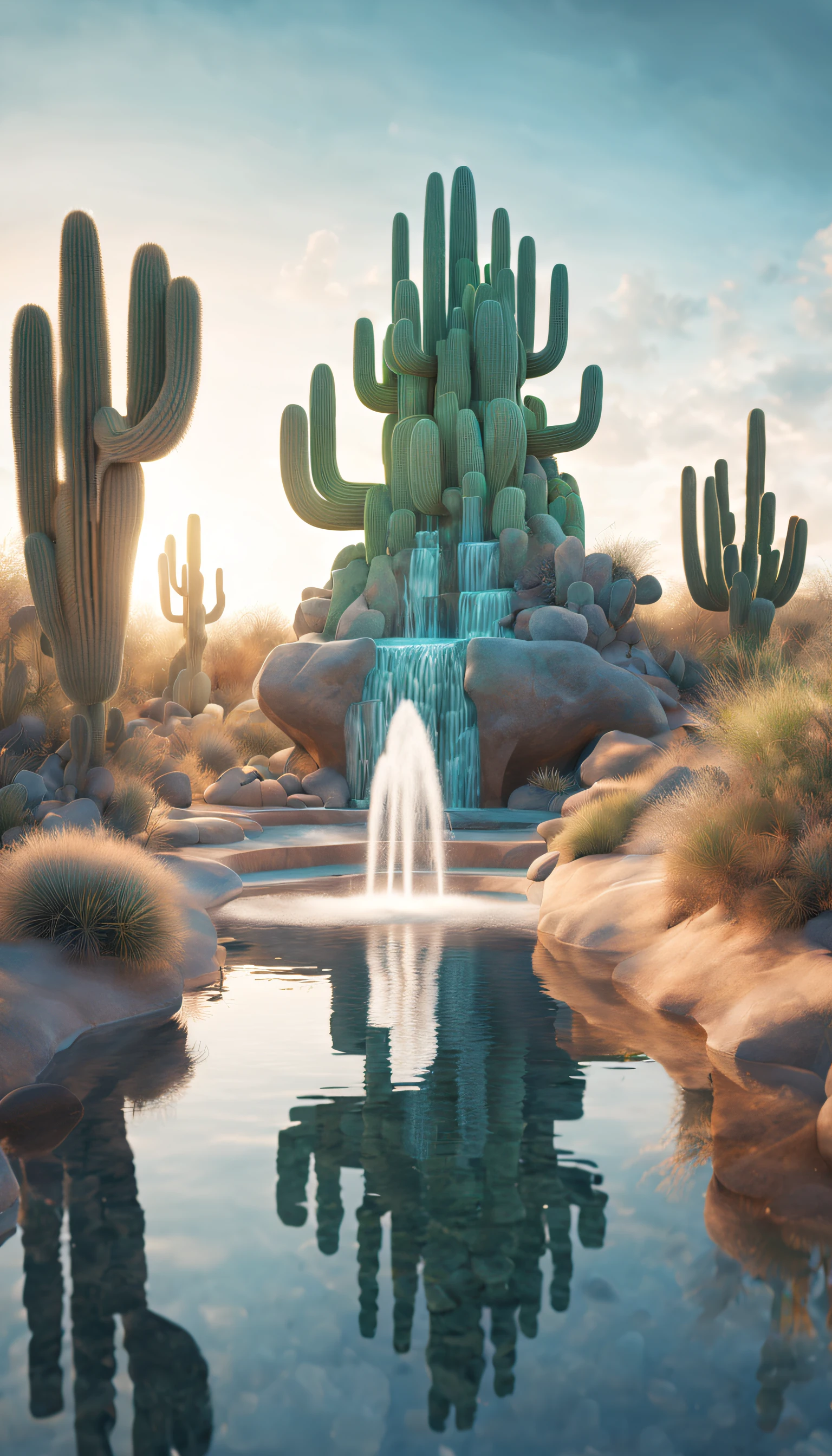 Surreal 3D rendering，Large cybernetic wishing fountain depicted in the dunes, cactus shaped faucet spray, water spray，Reflection in the water，Ethereal，Super fantasy