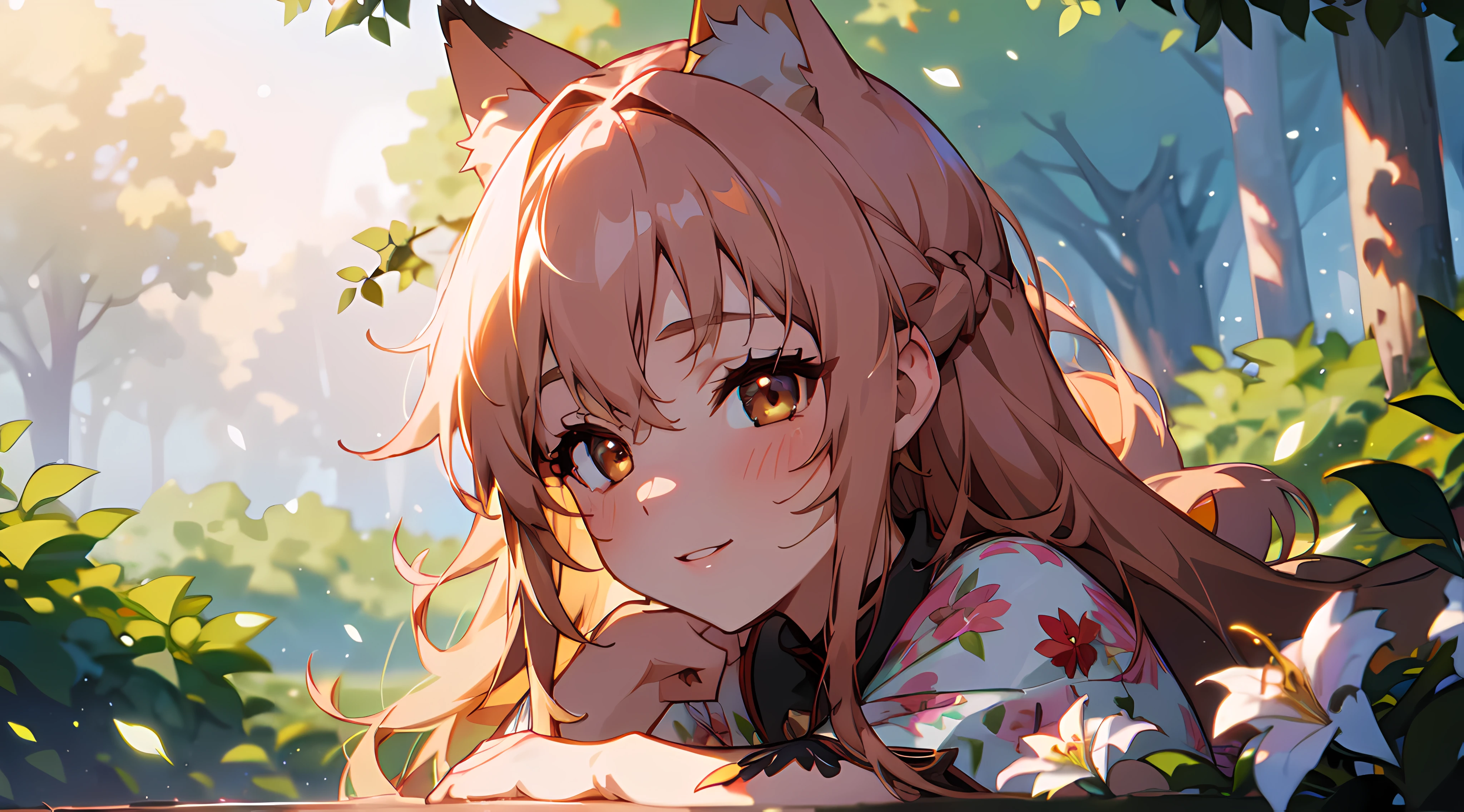 (Best Quality,4k,hight resolution,Masterpiece:1.2),Extremely detailed,fox in ears,sharp-focus,Portrait,beautiful detail eyes,beautiful detailed lips,ultra-fine painting,Realistic,Colorful,studio lightning,Ethereal background,Vivid colors,lush garden landscape,Playful smile,long eyelashes,lily,touchable wavy hair,sophisticated floral print dress,Graceful posture,magic atmosphere,soft natural lighting,Thin bokeh