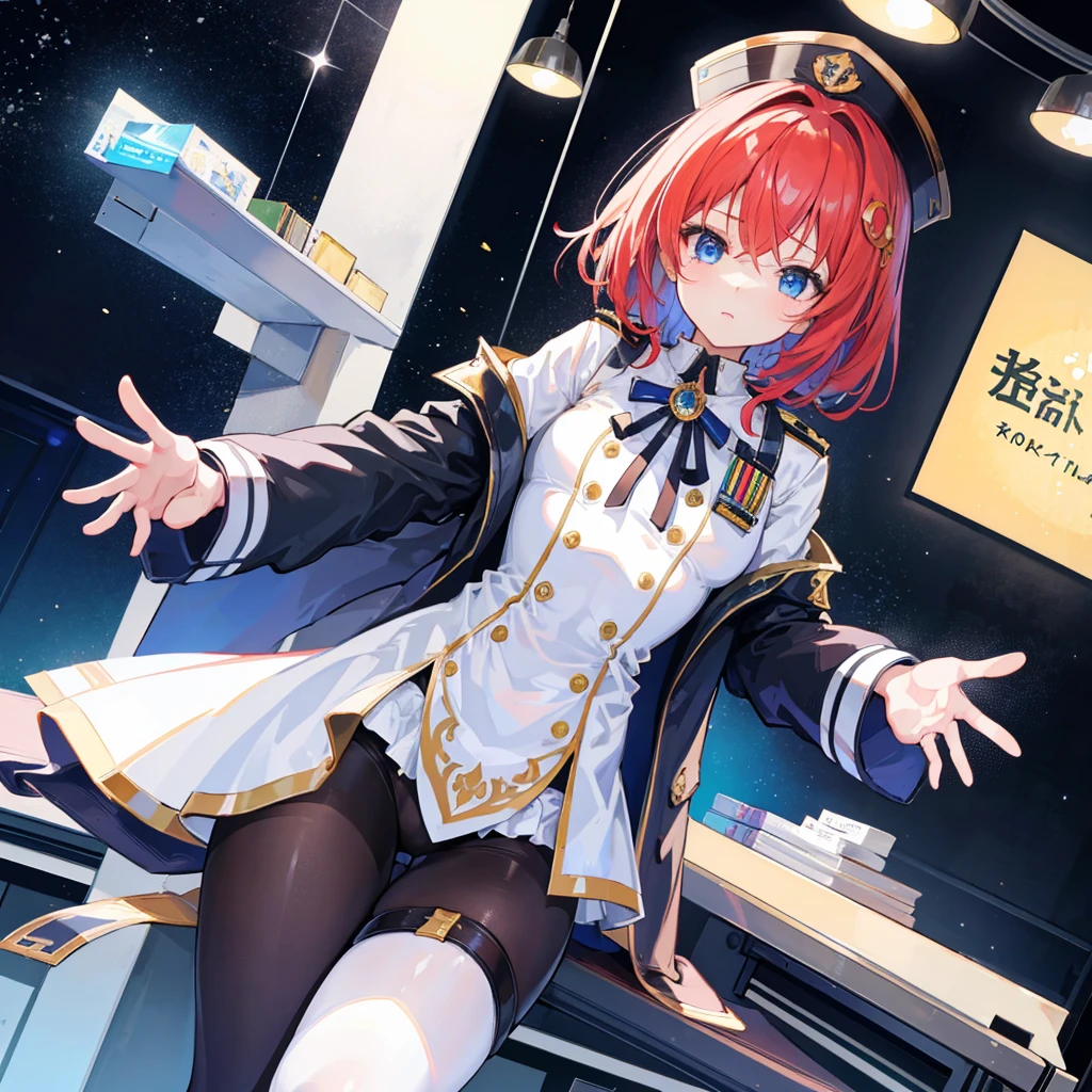 （（（​masterpiece）））、（（（Top image quality）））、（（（top-quality）））、（（（Illustration of one woman）））、full bodyesbian、Red-haired shorthair、（Thin hair hanging down both sides of the face）、Blue eyes、（（（neuter）））、（（Tall））、（（（Muscular and strong body）））、（（（Muscular and strong body）））、（（muscular and thick arms））、（（muscular and thick legs））、（（（manspreading）））、opening legs、（（Military uniforms））、（（Military Cap））、（（Military coat））、（white  clothes）、（White pants）、（White cap）、trench coat、（（Inside the spaceship、Sitting in the captain's seat））、（Outside the window、kosmos、Earth seen from space、Spaceport）