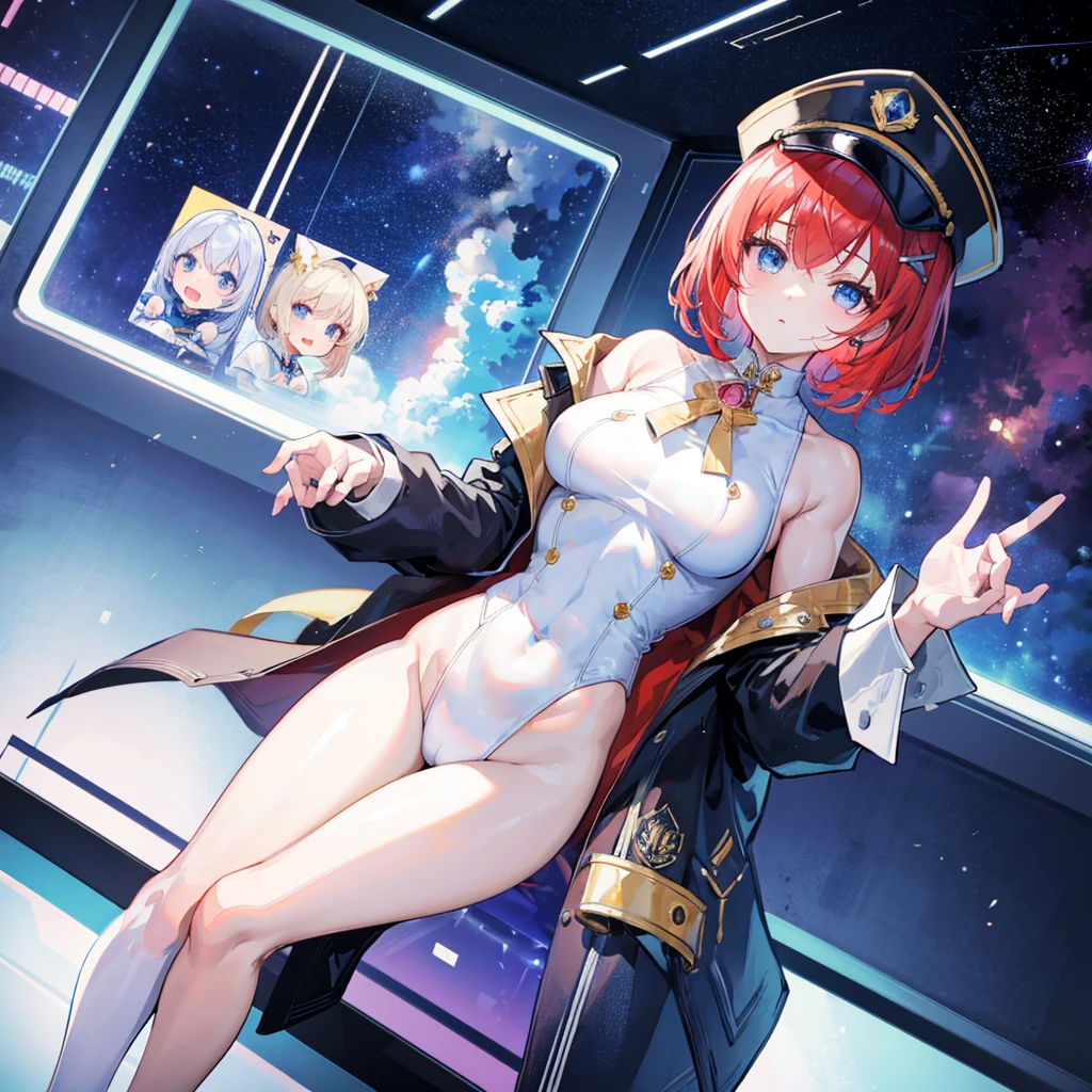 （（（​masterpiece）））、（（（Top image quality）））、（（（top-quality）））、（（（Illustration of one woman）））、full bodyesbian、Red-haired shorthair、（Thin hair hanging down both sides of the face）、Blue eyes、（（（neuter）））、（（Tall））、（（（Muscular and strong body）））、（（（Muscular and strong body）））、（（muscular and thick arms））、（（muscular and thick legs））、（（（manspreading）））、opening legs、（（Military uniforms））、（（Military Cap））、（（Military coat））、（white  clothes）、（White pants）、（White cap）、trench coat、（（Inside the spaceship、Sitting in the captain's seat））、（Outside the window、kosmos、Earth seen from space、Spaceport）