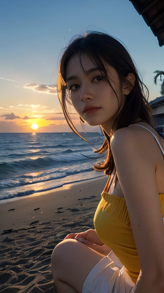18 anos、Um cabelo escuro、Longas、casaco、neve、Oceano havaiano、the setting sun、