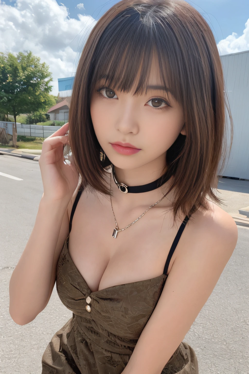 masutepiece, Best Quality, One girl, (Beautiful Girl:1.3), (:1.2), Very fine eye definition, (Symmetrical eyes:1.3), NSFW, (cute little、Highly detailed mini dress with open neckline:1.3), Beautiful breasts, Brown eyes, Parted bangs, Brown hair, Upper teeth、Background outdoor、Blurring、chain and lock choker、Flip up your skirt and show your panties