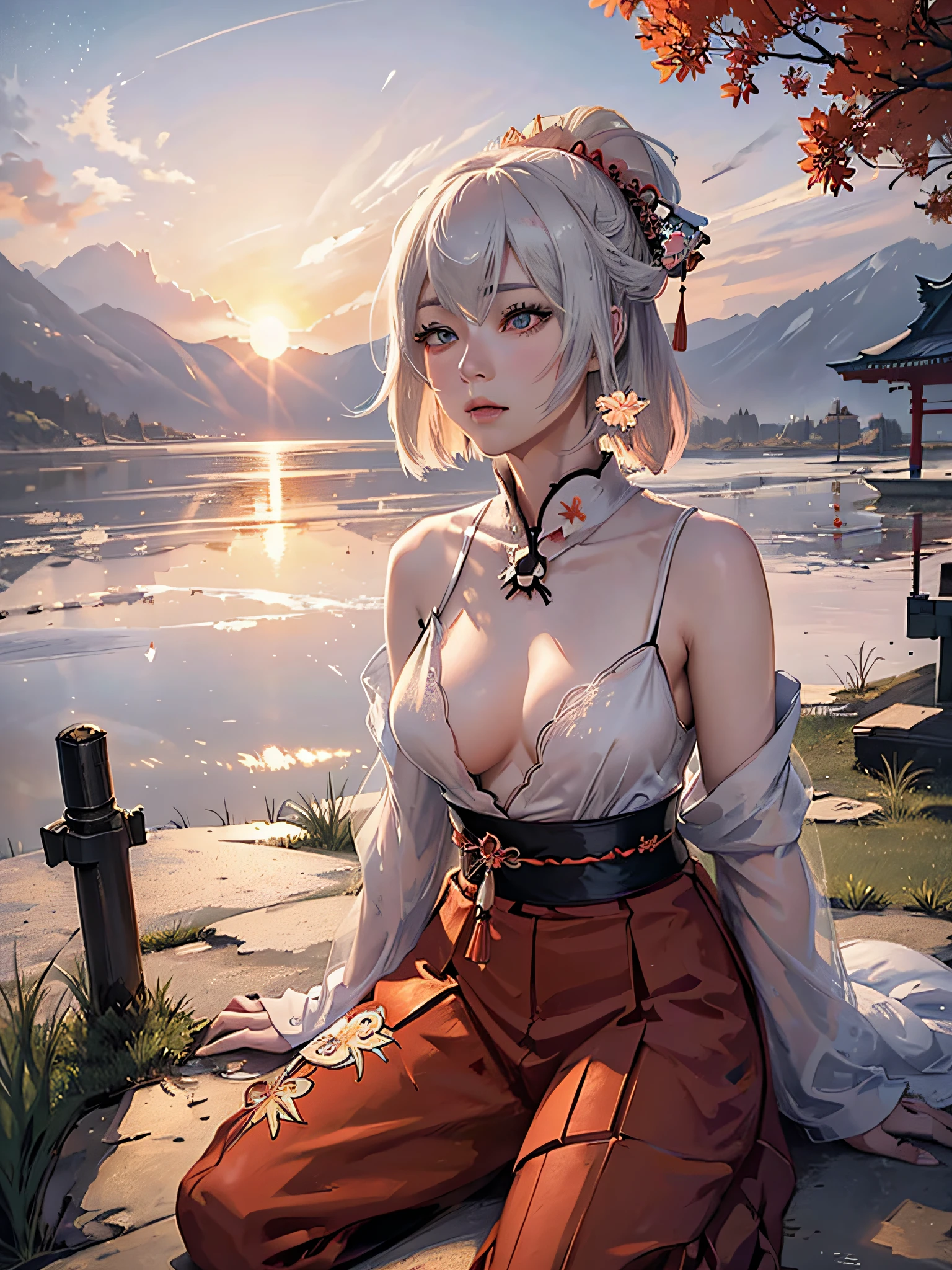 1 Female samurai (japanese samurai 1.5) on a plain with spider lilies, mountains in background, sunrise, 8k, high detail, maximalist, dynamic pose, anime style, beautiful anime, feels like japanese anime movie, (delicate fabric 1.4), (blush 1.2), beautiful eyes (detailed eyes 1.3), high detail clothes