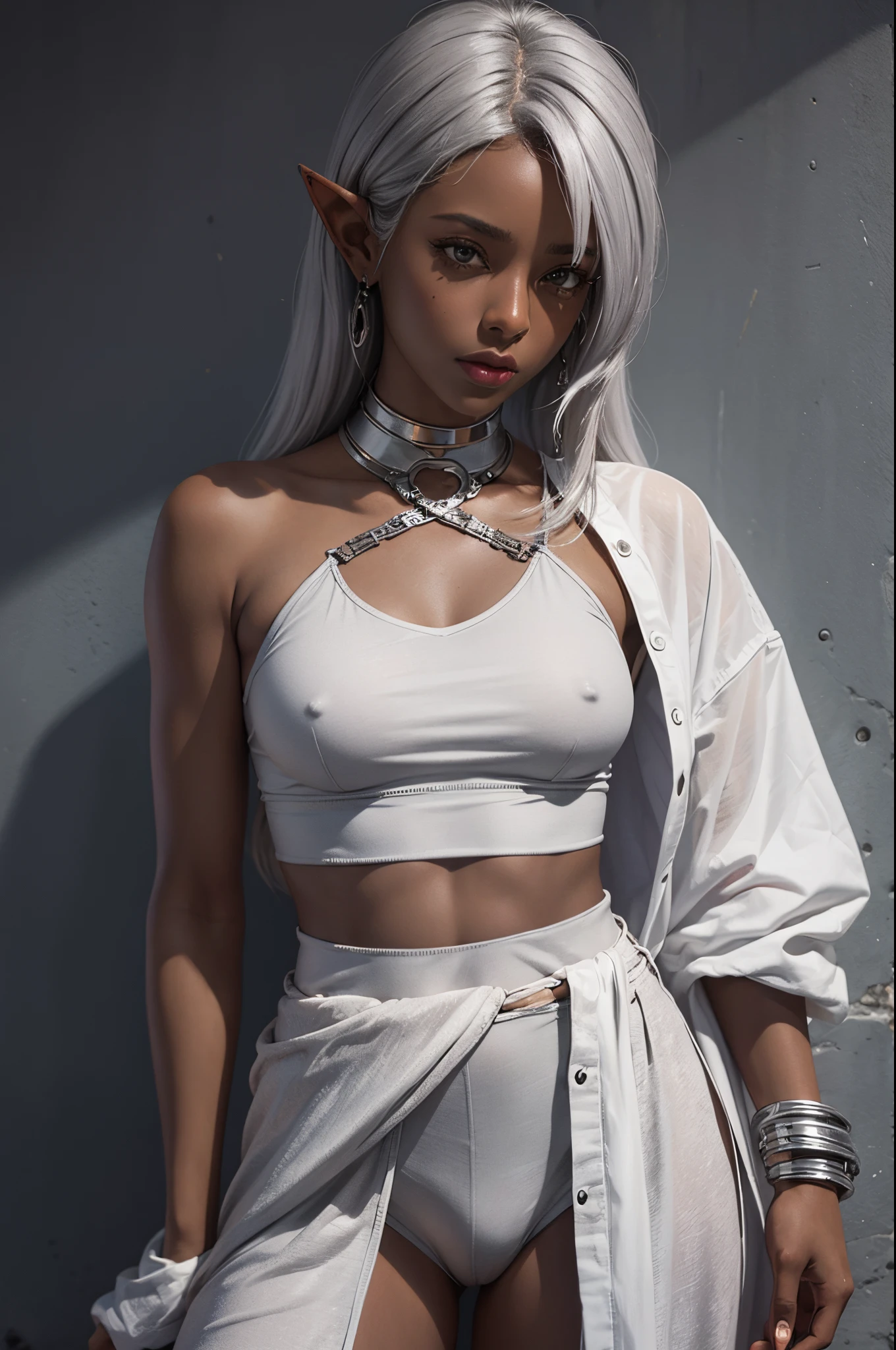 dark skinned, medium silver hair, androgynous, elf, crop top, nsfw