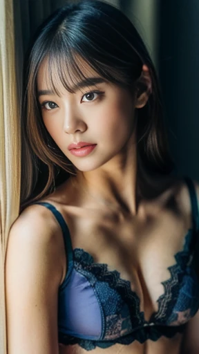 ((full body Esbian))、high-detail skin、Skin pores、8KUHD、Digital SLR、hightquality、FujifilmXT3、((top-quality、in 8K、masterpiece:1.3))、Mature Woman, 40 years old,zoomout,1girl in、Colossal tits:1.5、Plump body type:1.1、Firm abs、dark brown hair、(Wearing small things, Ultra-thin blue lace underwear:1.4)、hyperdetailed face、Detailed lips、A detailed eye、二重まぶた、Midsummer sunshine、Erotic Poses、On a luxury hotel bed
